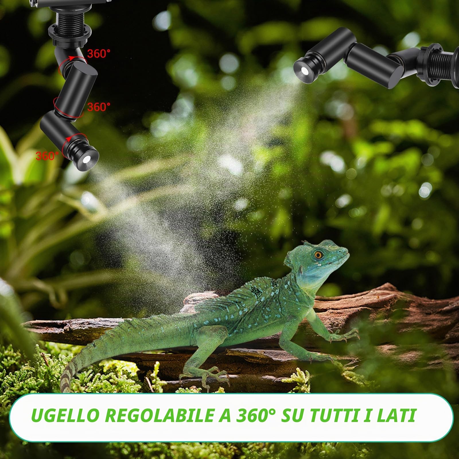 Nebulizzazione per Teca Rettili, Glovios Umidificatore per Rettili con Timer e Ugelli a 360°, Umidificatore Rotante per Anfibi Rettili Piante Fiori