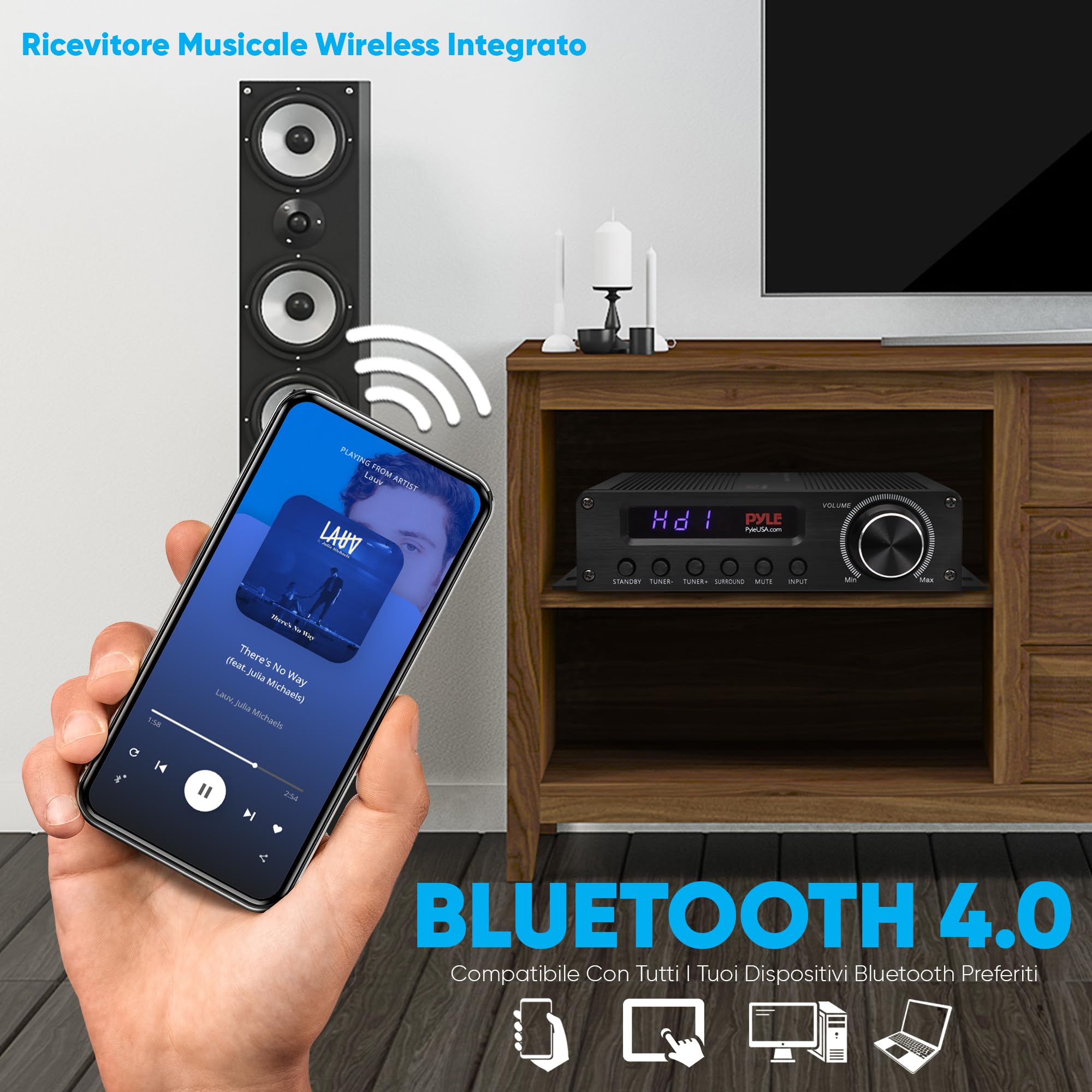 Pyle Amplificatore Audio Stereo Wireless Bluetooth, 75 Watt Amplificatore 5.1 Canali per Home Theater, Surround con HDMI, AUX, Antenna FM, Ingresso Subwoofer