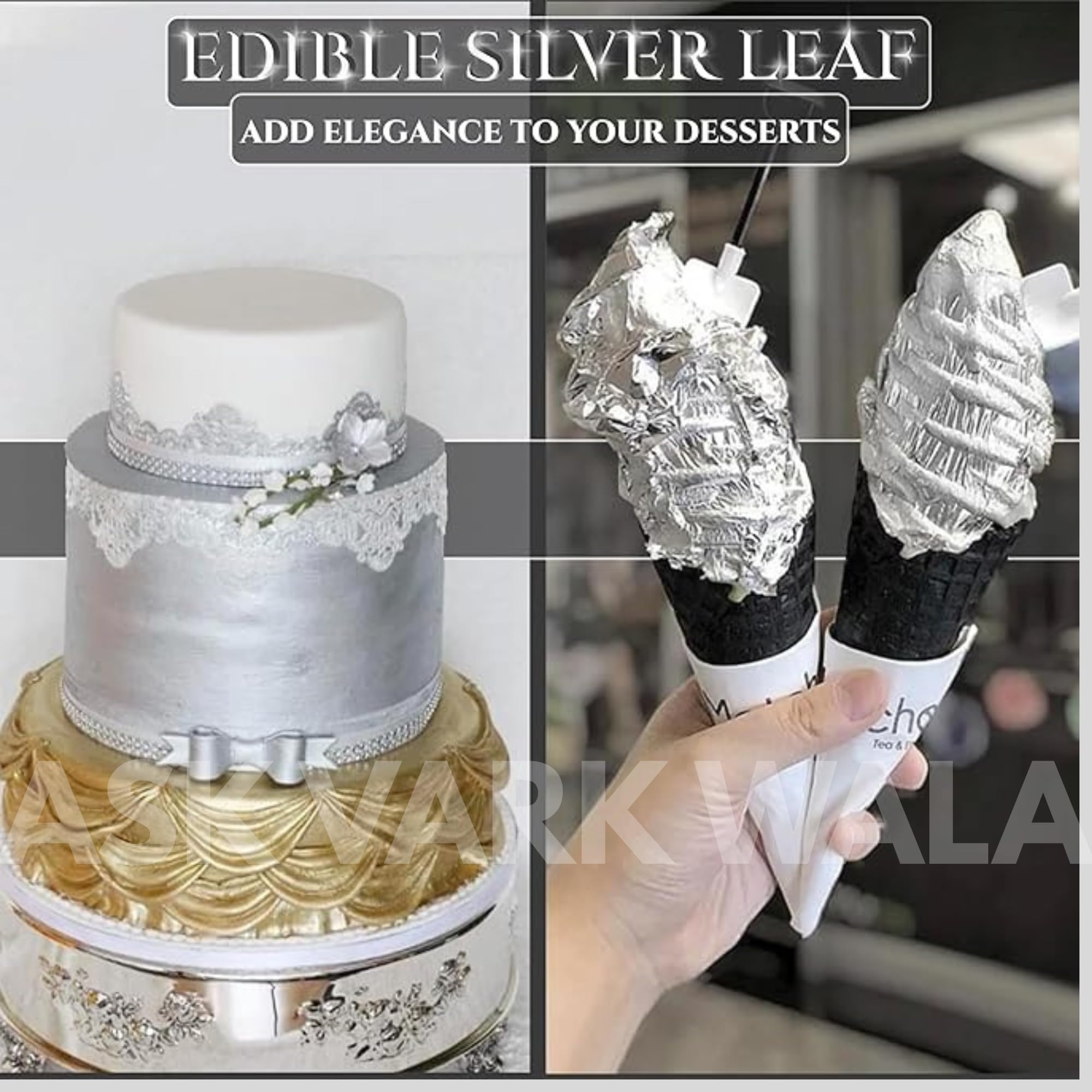 ASK VARK WALA Edible Silver Leaf Sheets, 99.9% Pure Edible Genuine Silver Leaves, 25 Sheets. for Sweets/Food/Cake Decoration, Facial Beauty, Bakery Dessert, Chocolate. 6X4 inches. - Image 3 thumbnail