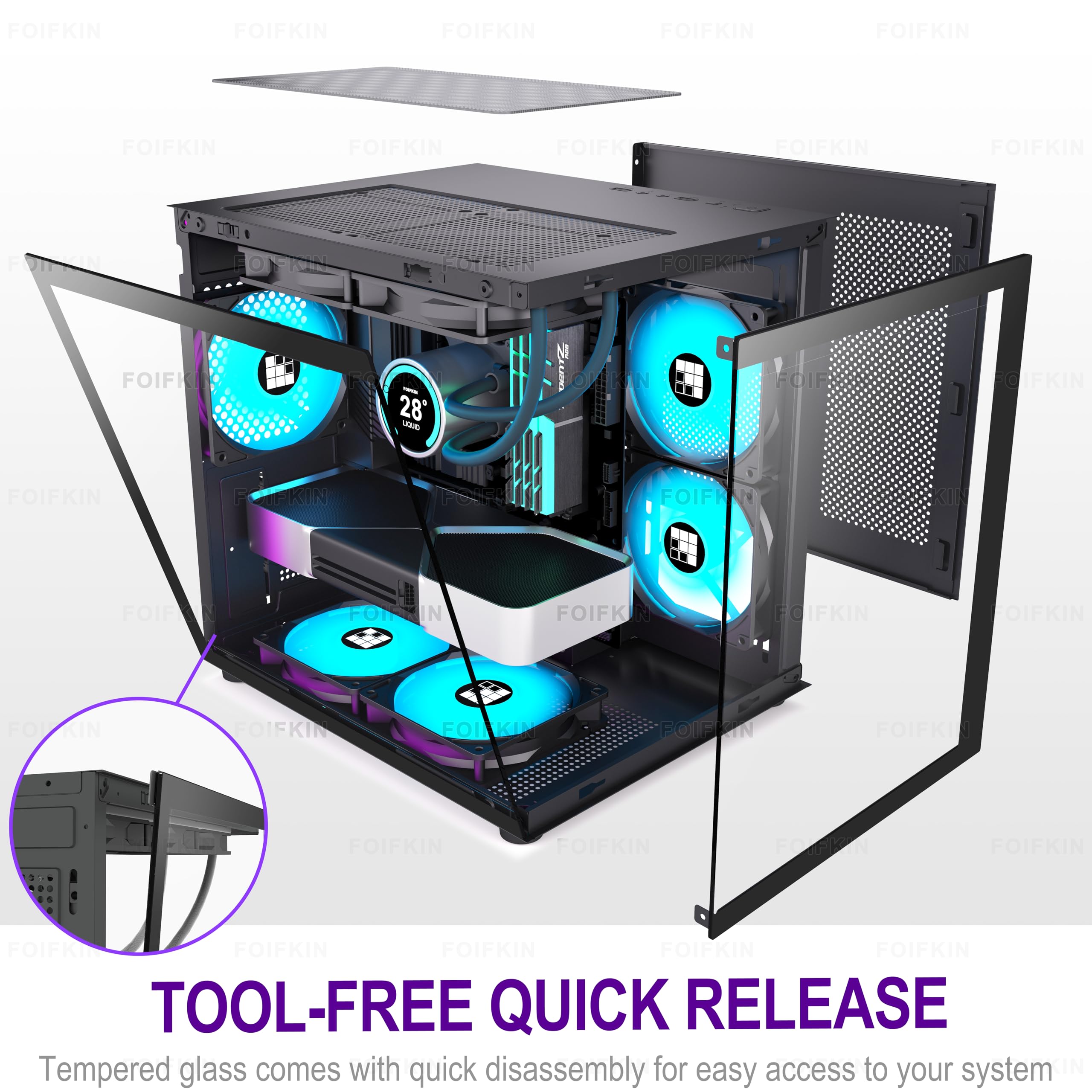 FOIFKIN F100 Micro-ATX PC Gehäuse mit 3 ARGB Lüfter, MicroATX Gehäuse Schwarz,MINI PC-Gehäuse Gaming,240mm Radiator Computergehäuse,270° Panorama Tempered Glass