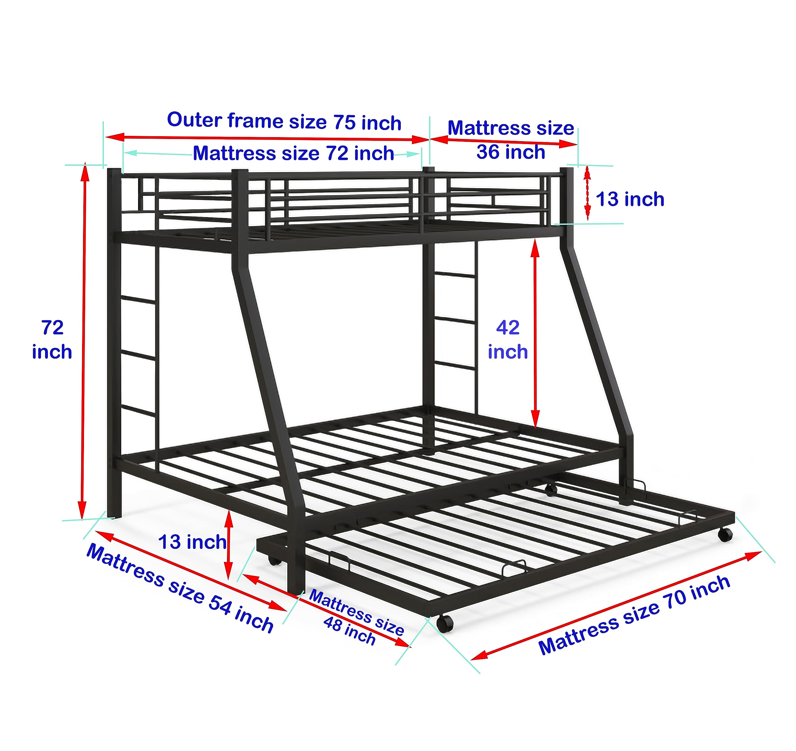 s k grill art Metal Bunk Bed with Trundle for Adults Twin Over Full Without Mattress (Black Powder Coated, Top 3 X 6 feet, Bottom 4.5 X 6 feet) 1
