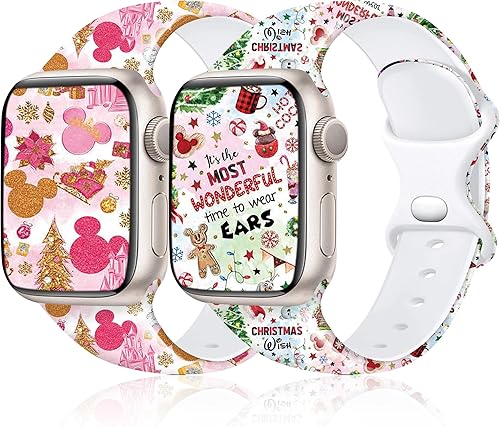 Aniaboho Paquete de 2 correas de silicona navideñas compatibles con Apple Watch Series 9 8 SE 7 6 5 4 3 2 1 Ultra 2, correas iWatch para mujeres y