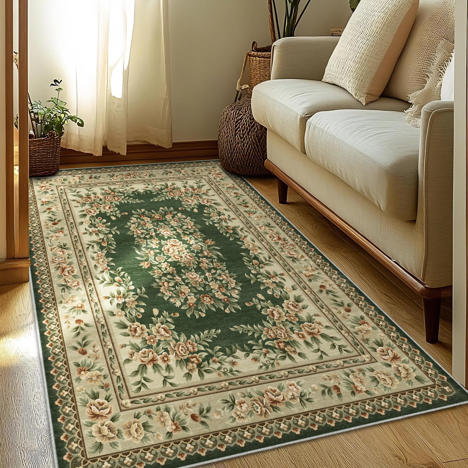 Amazon | FORTSEA ラグマット 130×200cm 洗える グリーン 花纹 滑り