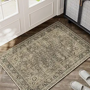 2x3 Washable Brown Vintage Area Rug for Entryway Non-Slip Low Pile Traditional Carpet Retro Distressed Soft Thin Door Mat Small Accent Throw Rug for Kitchen Entrance Bathroom