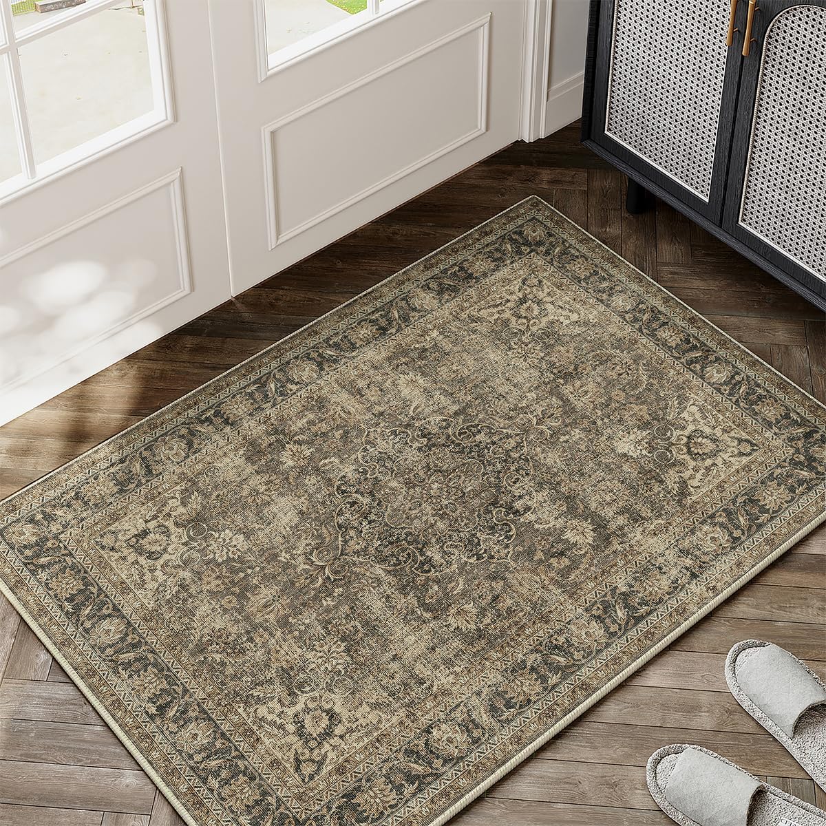 WondRg 2x3 Washable Brown Area Rug Vintage Entryway Kitchen Carpet Non-Slip Soft Low Pile Distressed Indoor Small Throw Rug for Bedroom Bathroom