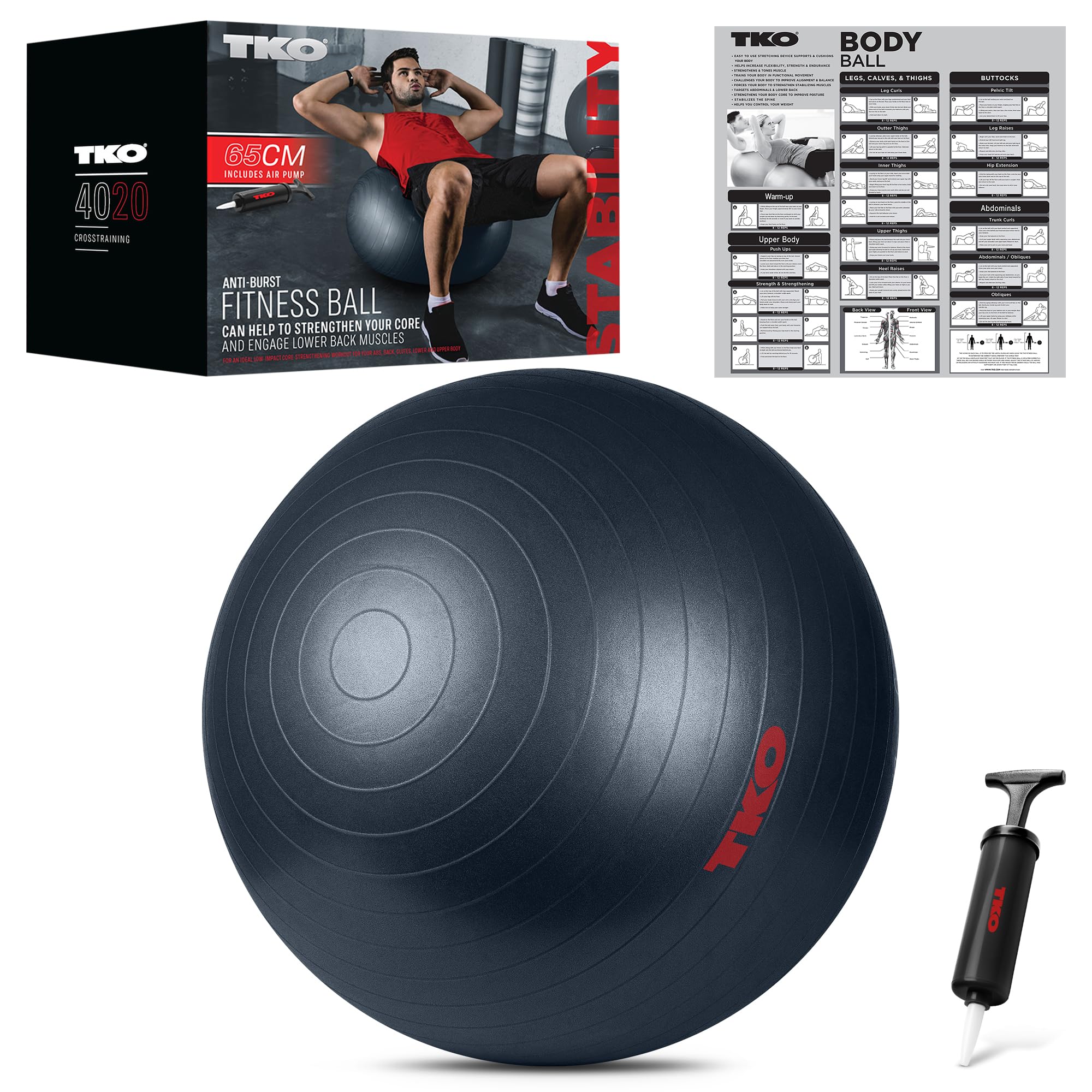 TKO Anti-Burst Fitness Exercise Ball with Air Pump ââ‚¬â€œ 65cm Balance Ball/Stability Ball for Workouts, Physical Therapy, Yoga, Sitting, and More (Blue)