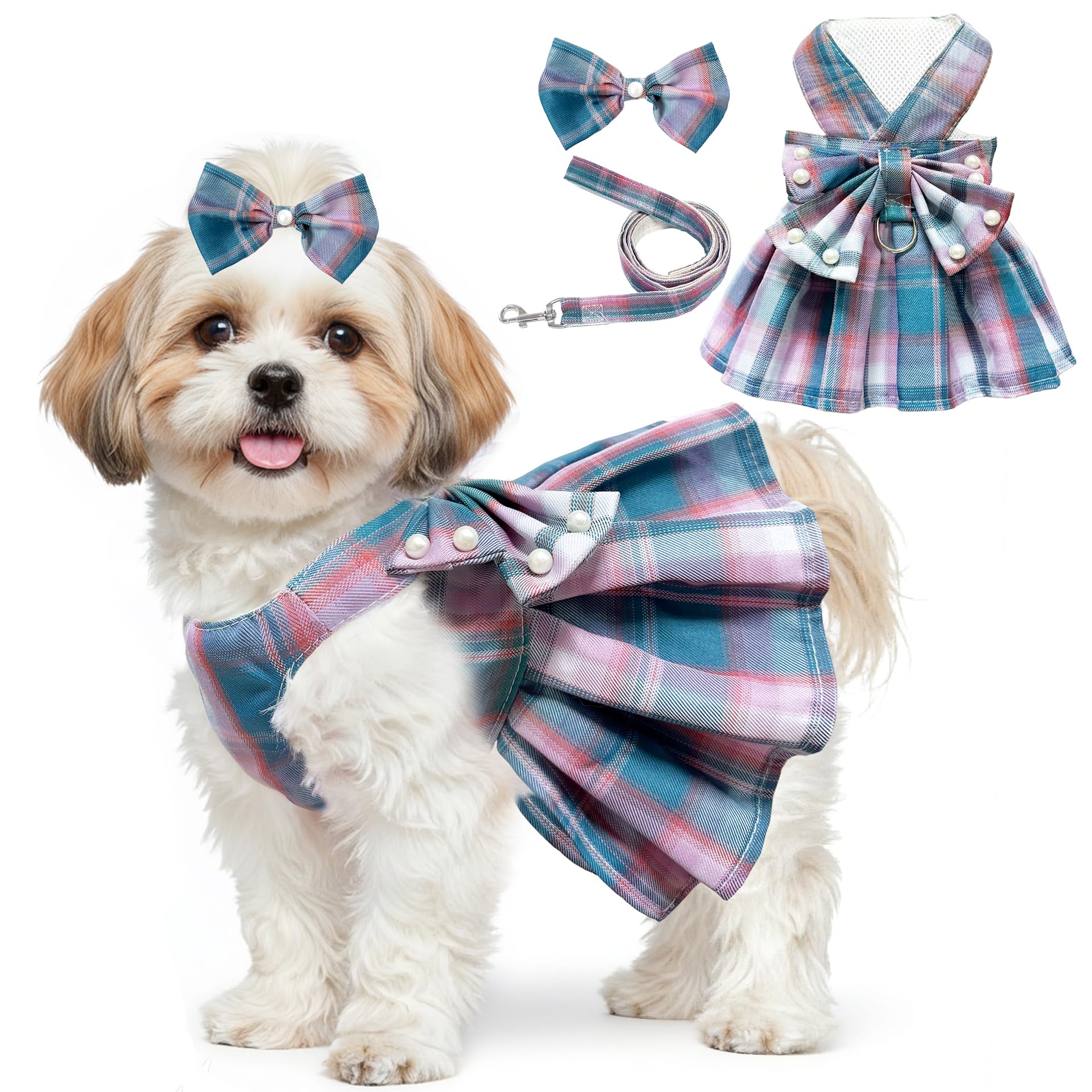 Dog Dress Bowknot Harness Leash Set for Small Dogs Girl Cute Plaid Dog Dress Pearls Bow Tie Spring Summer Princess Clothes Birthday Holiday Doggie Outfits for Puppy Cats Girl (Lake Blue, Small)