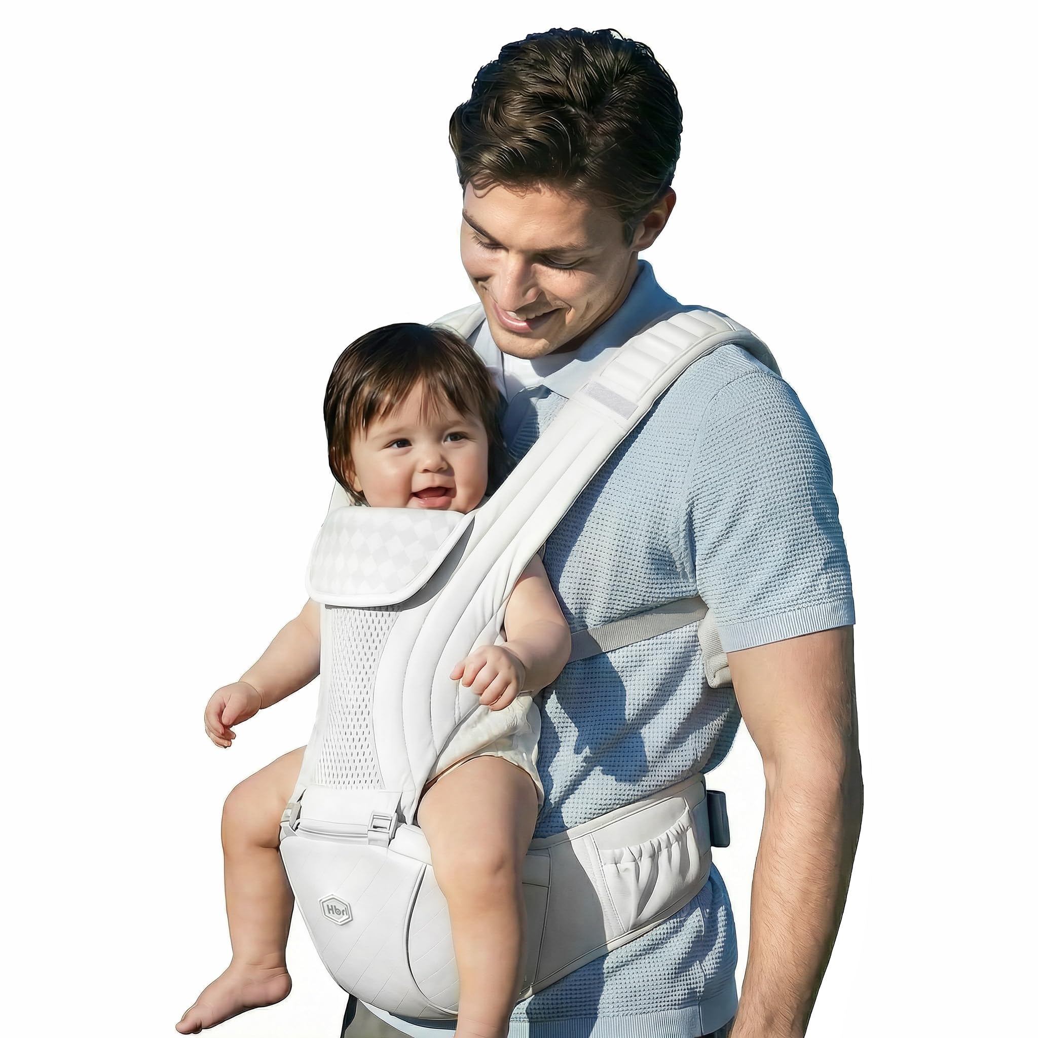 Photo 1 of HBR Baby Carrier with Hip Seat, Non-Slip Seat, Air-Padded Shoulder Straps for Less Pressure, 6-in-1 Ergonomic Baby Carrier, Front-Facing, Hands-Free, Up to 45 lbs, 47 in, AirMesh Silver Mist White