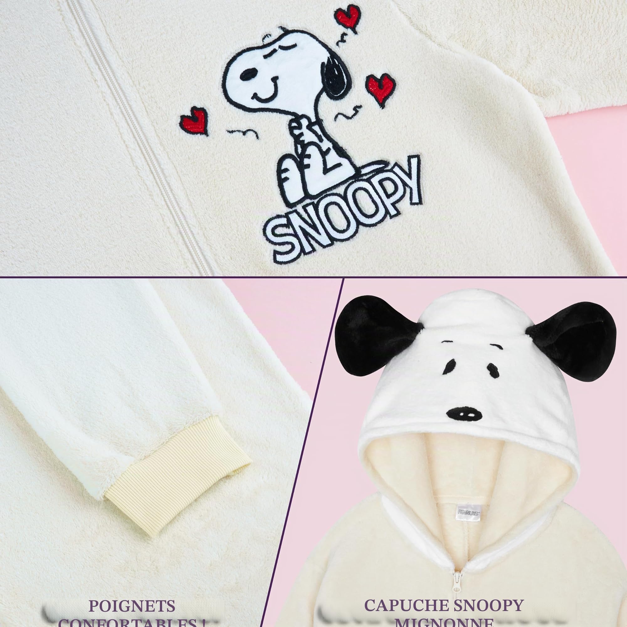 Peanuts Snoopy Pyjama Femme Combinaison Polaire Douce Hiver Chaud, Grenouillere Ado Pilou Pilou avec Capuche et Oreilles 3D