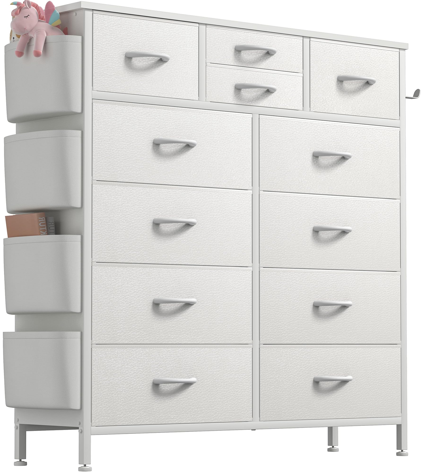 Buluri Kommode mit 12 Stoffschubladen, Komodenschrank mit Seitentaschen und Haken, Holzplatte und Metallrahmen, Stoffkommode für Schlafzimmer, Wohnzimmer, Flur, Kinderzimmer (Weiß)