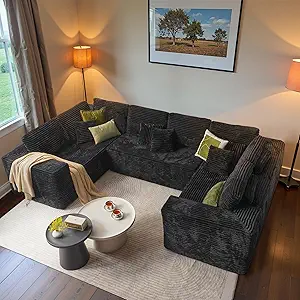 ovios Sectional Cloud Couch for Living Room, Modular Floor Sofa with Plush Corduroy, No Assembly Required, Big Comfy Couches Set with Fluffy Memory Foam, Stupendous U Shaped Sofas with Chaise, Black