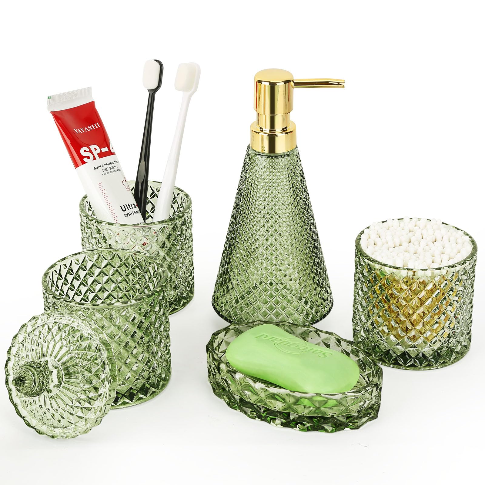 Amazon.com: Newlifegift 5pcs Green Glass Bathroom Accessory Complete ...