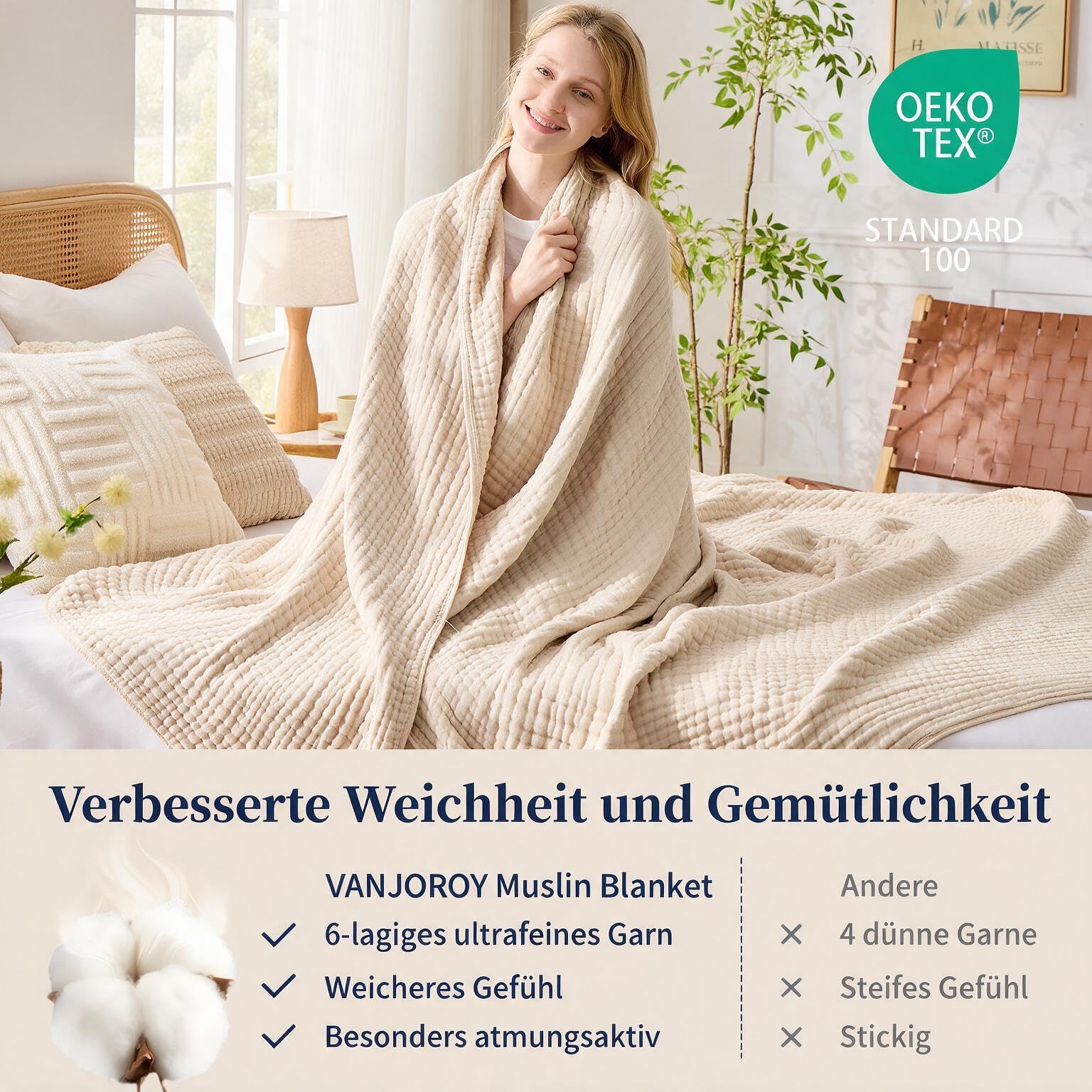 VANJOROY Musselin Tagesdecke 200x230cm-100% Baumwolle 6-Lagen Oeko-Tex Zertifizierte, Weiche Leichte Sommerdecke als Kuscheldecke, Bett-Überwurf, Baumwolldecke für Sofa und Bett. Beige