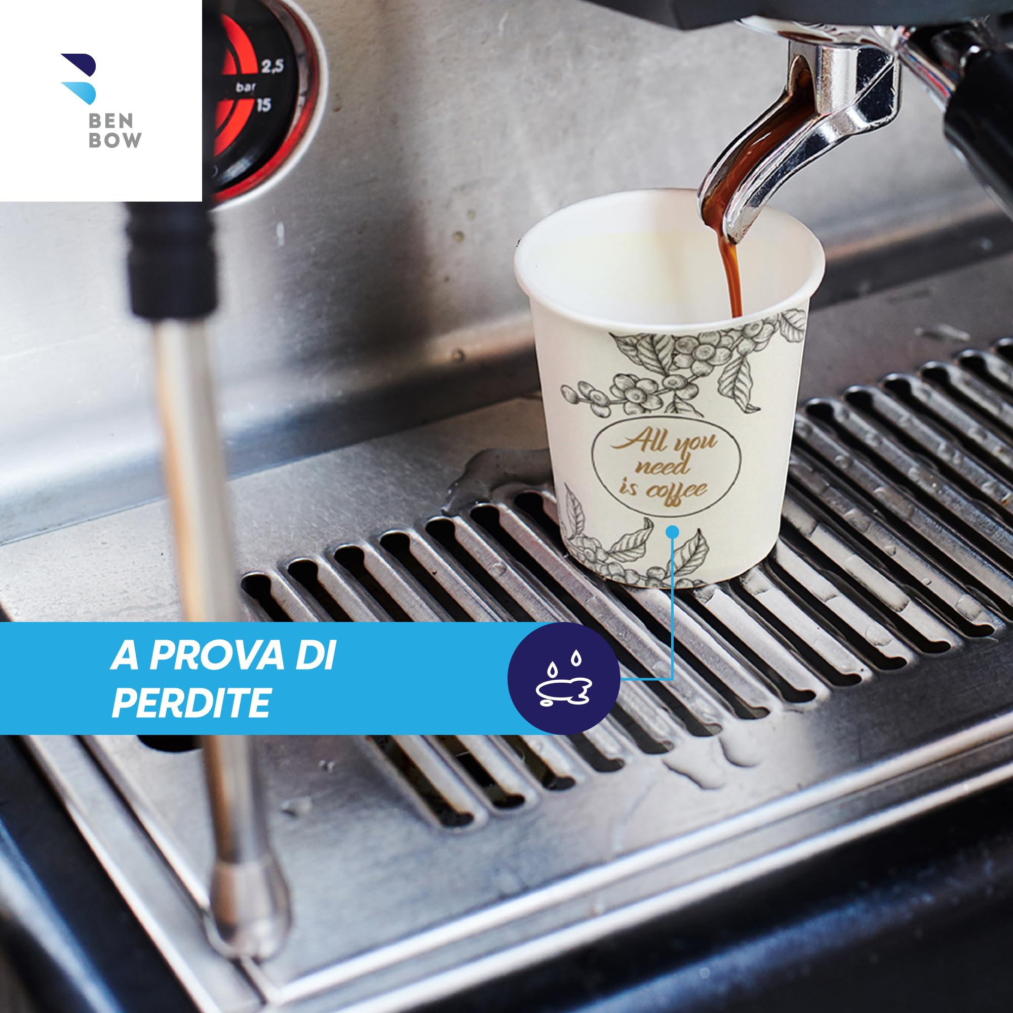 BenBow Bicchieri Monouso 400 ml x 300 - Da Asporto, Usa e Getta, All You Need Is Coffee - Per Ufficio e Macchine da Caffè, Robusti e Pratici