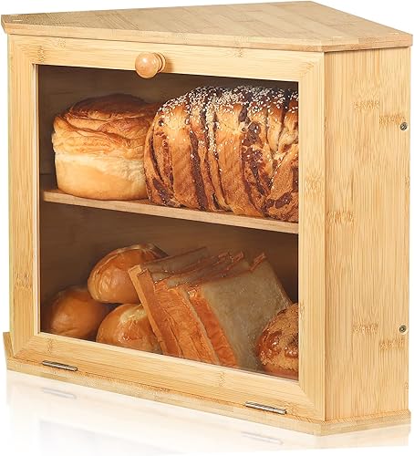 Panera de esquina de doble capa – Panera de bambú de gran capacidad – Panera para encimera de cocina con separador ajustable, fácil de montar –