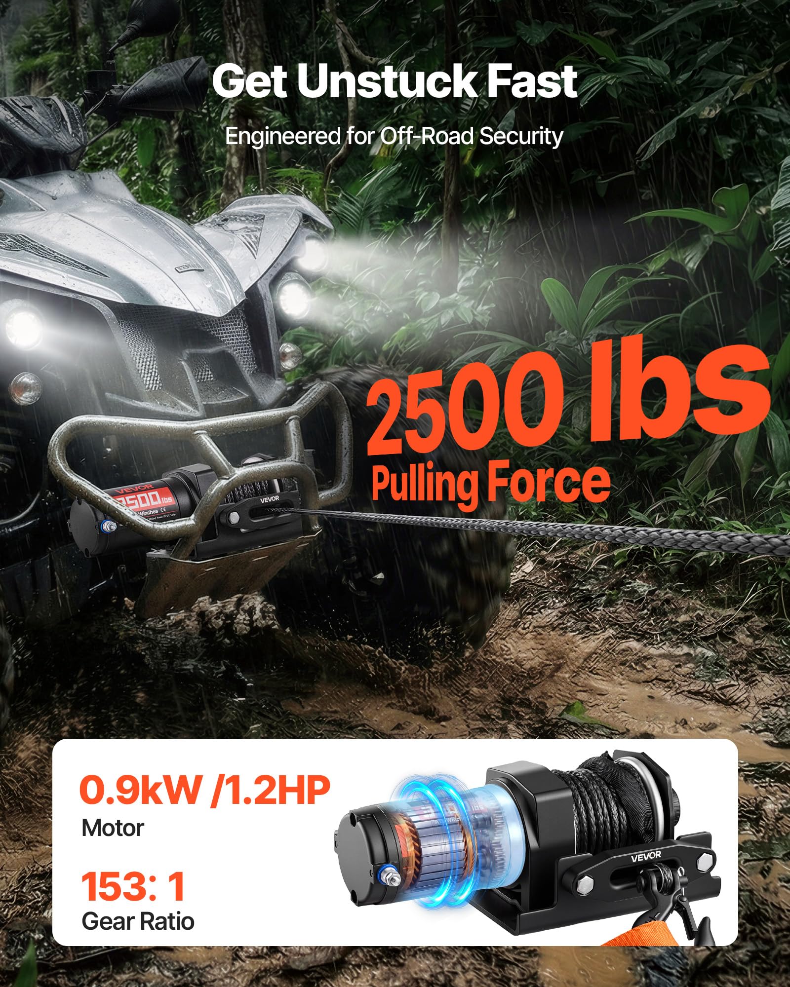 VEVOR Verricello Elettrico con Cavo da 1134 kg, Verricello Elettrico da 12 V CC per ATV/UTV Fuoristrada con Fune Sintetica Ø 4,8 mm x 12 m, Telecomando Cablato, Impermeabile IP55 per Recupero Stradale