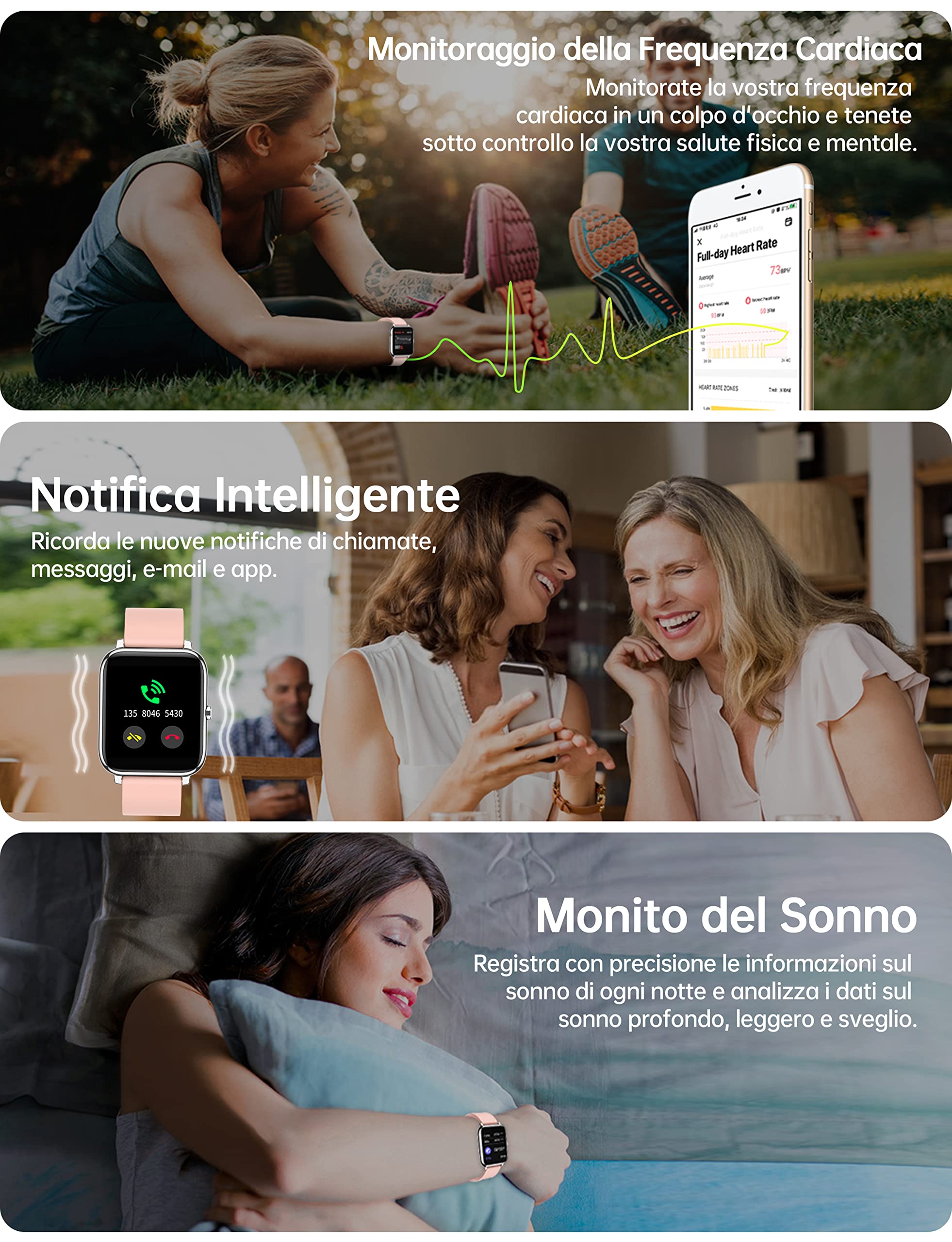 Popglory Smartwatch Uomo Donna, Notifiche WhatsApp e Chiamate,Contapassi SpO2 Pressione Sanguigna Cardiofrequenzimetro,Orologio Sportivo per Android iOS