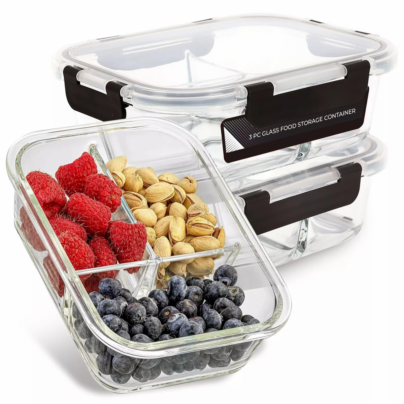 Vivo Technologies 3pcs Glass Containers with Lids Glass Meal Prep Containers with 3 Compartment, Airtight Easy Snap & Lock Lids, Microwavable, Dishwasher and Oven Safe