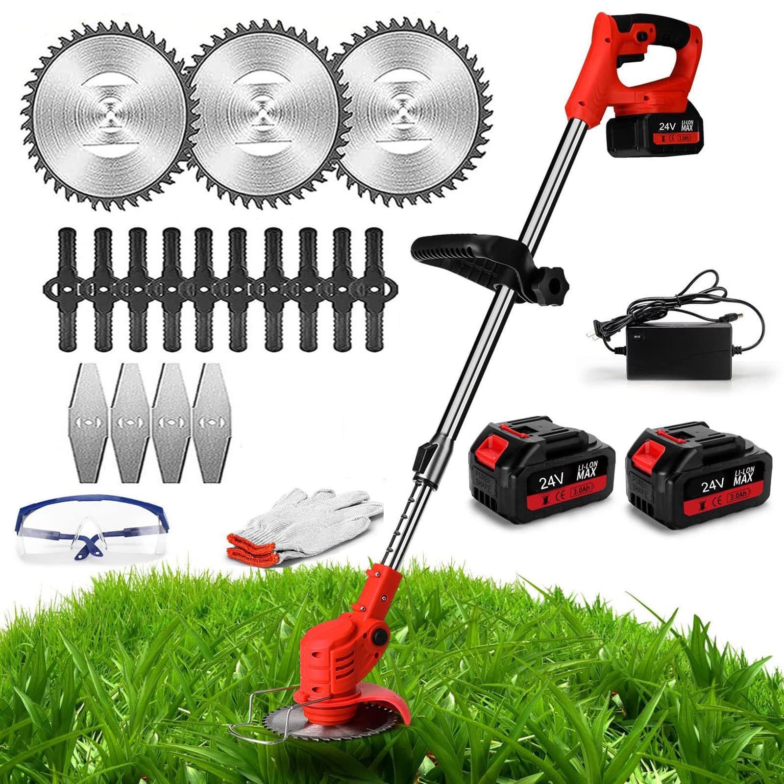 Coupe Bordure sans Fil avec Batterie Debroussailleuse Electrique sans Fil avec 2 pièces Batterie et 3 Types de Lames, pour la Coupe de Jardin, Pelouses et Terres Agricoles