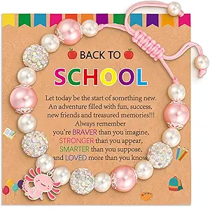 Back to School First Day of Kindergarten Bracelets Gifts Stuff for Girls Kids, Adjustable Axolotl Charm Pearl Bracelet Jewelry Gifts for Daughter Granddaughter