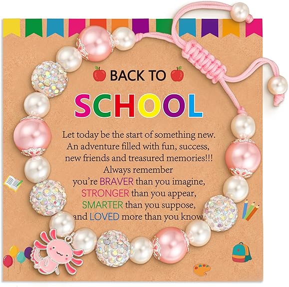 Back to School First Day of Kindergarten Bracelets Gifts Stuff for Girls Kids, Adjustable Axolotl Charm Pearl Bracelet Jewelry Gifts for Daughter Granddaughter