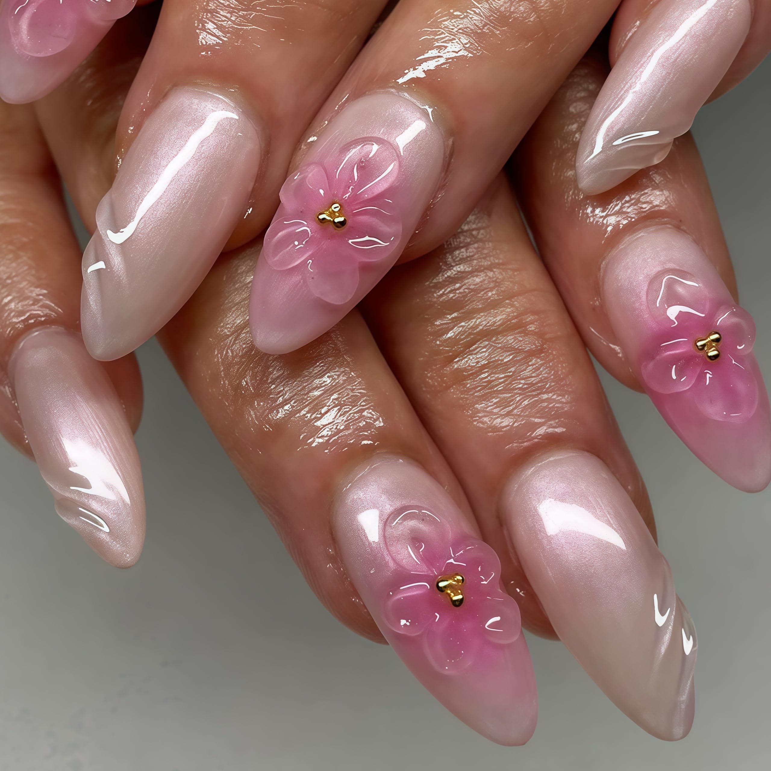 Pink Ombre Press on Nails Medium Almond Fake Nails 3D Flower Designs Embossed Blossom False Nails Peach Blossom Acrylic Nails Gold Pearls Floral Full