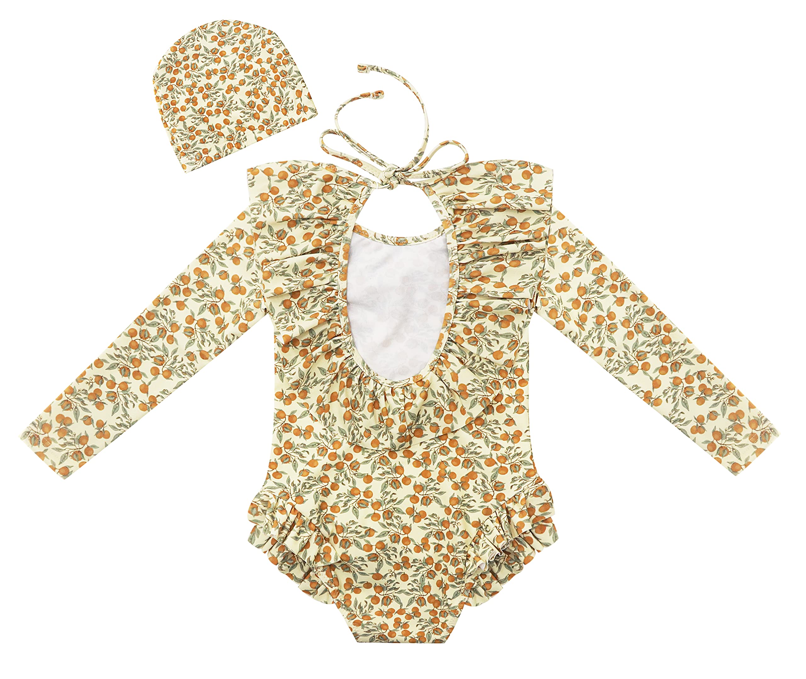 Toddler Baby Girl Floral Swimsuit Long Sleeve Hawaiian Ruffle Swimwear Beach Bathing Suit(5-6years Old,Yellow#1)