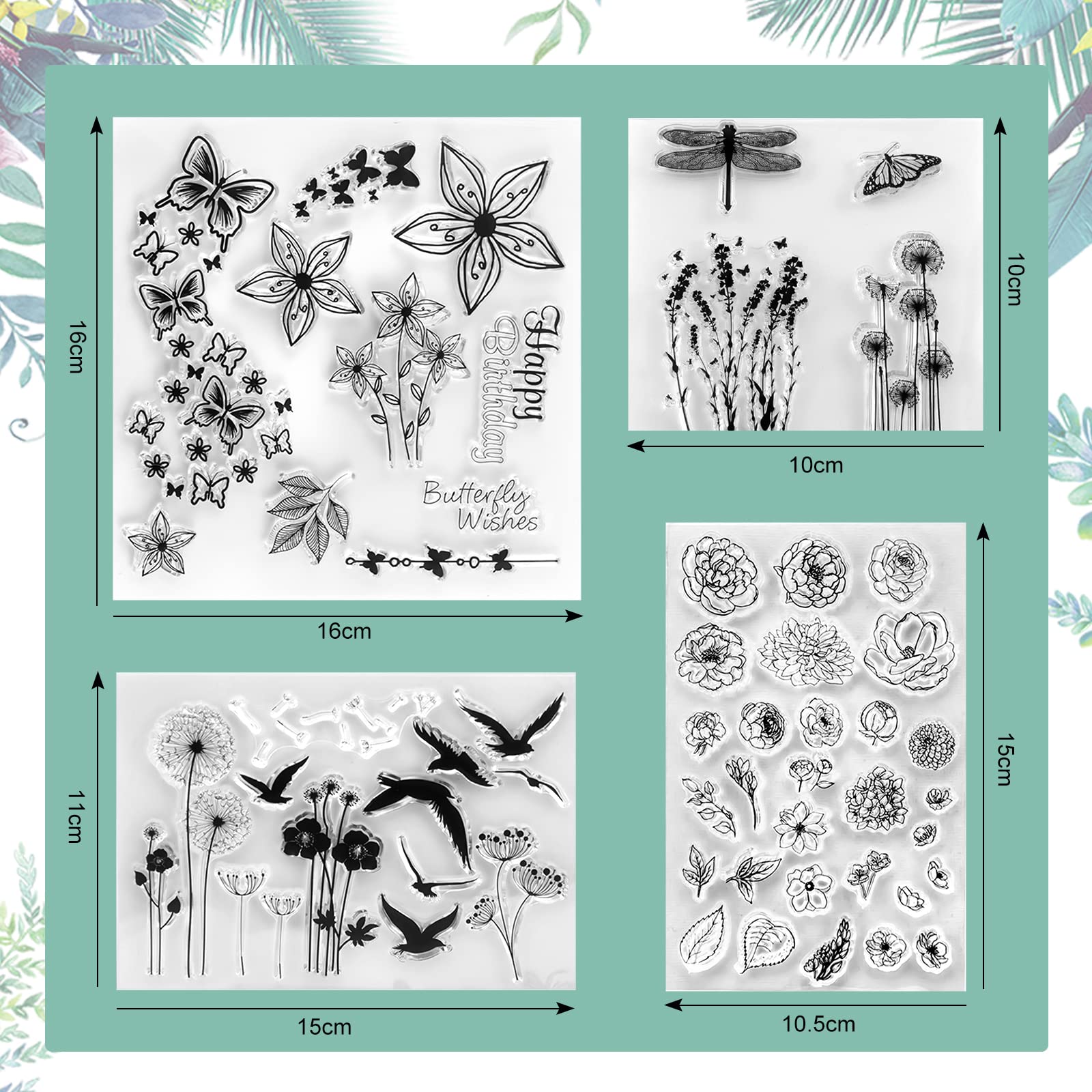 Set Di 4 Timbri In Silicone Per Scrapbooking – Fiori, Foglie, Farfalle E Uccellini, Per Bullet Journal
