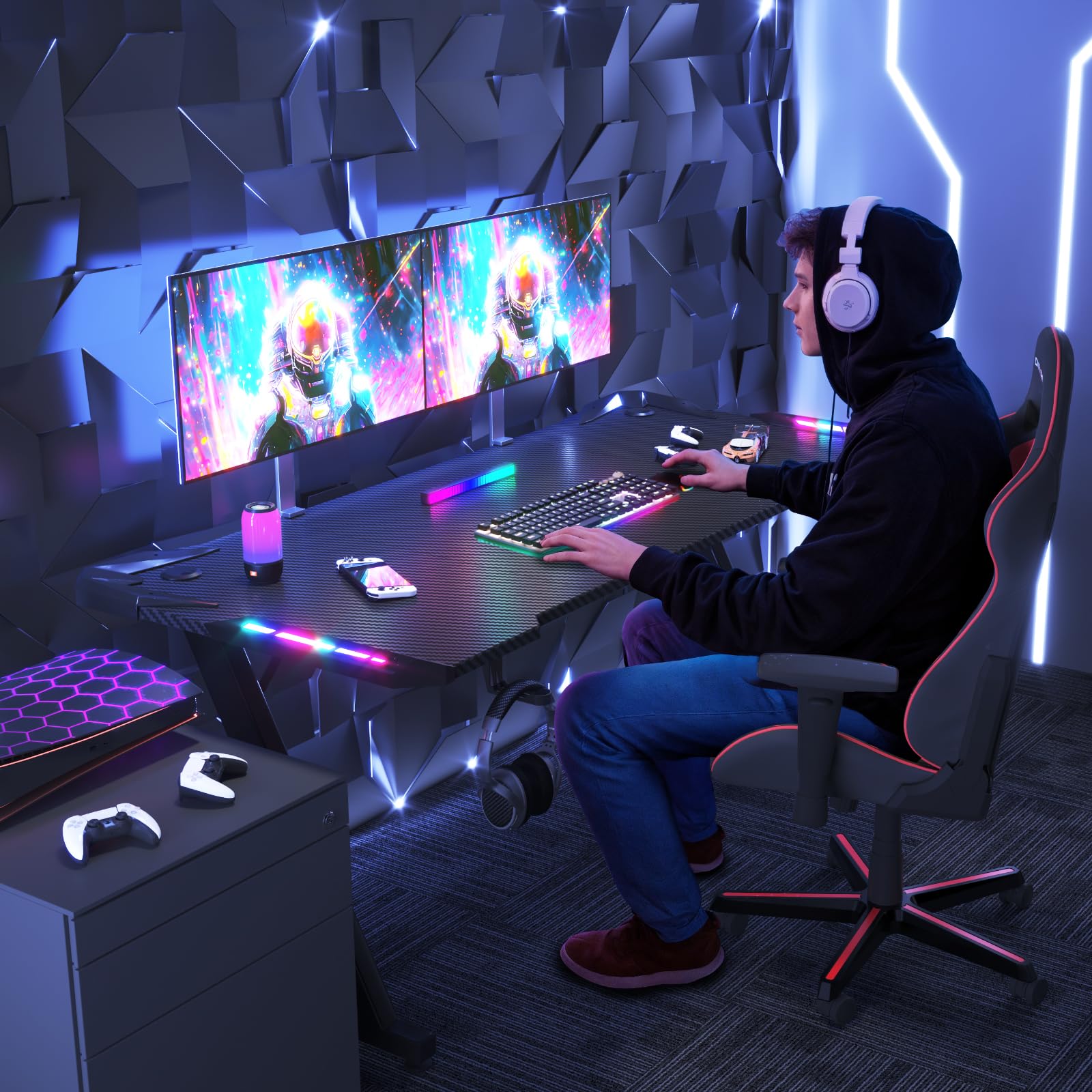 Scrivania Gaming LED 160x60 cm - Tavolo Gaming Ergonomico con Ganci per Cuffie e Piano in Fibra di Carbonio Nero, Scrivania per Computer Illuminazione RGB Regolabile, per Setup Gamer Professionale