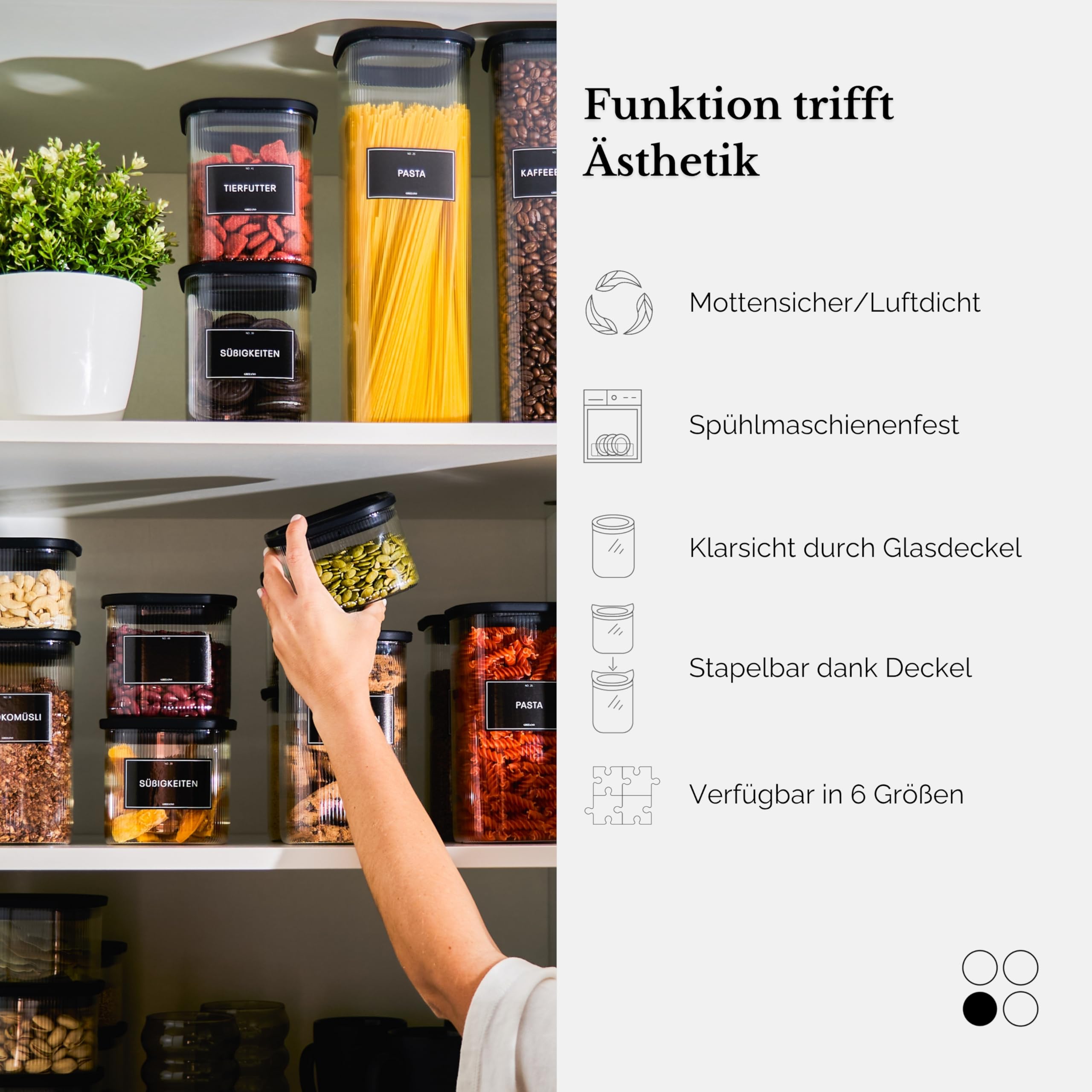 Riffel - Barattoli rettangolari con coperchio in vetro, 400 ml, set da 6 pezzi, ermetici e antitarme, barattoli da cucina per alimenti, pasta, farina, cereali, caffè