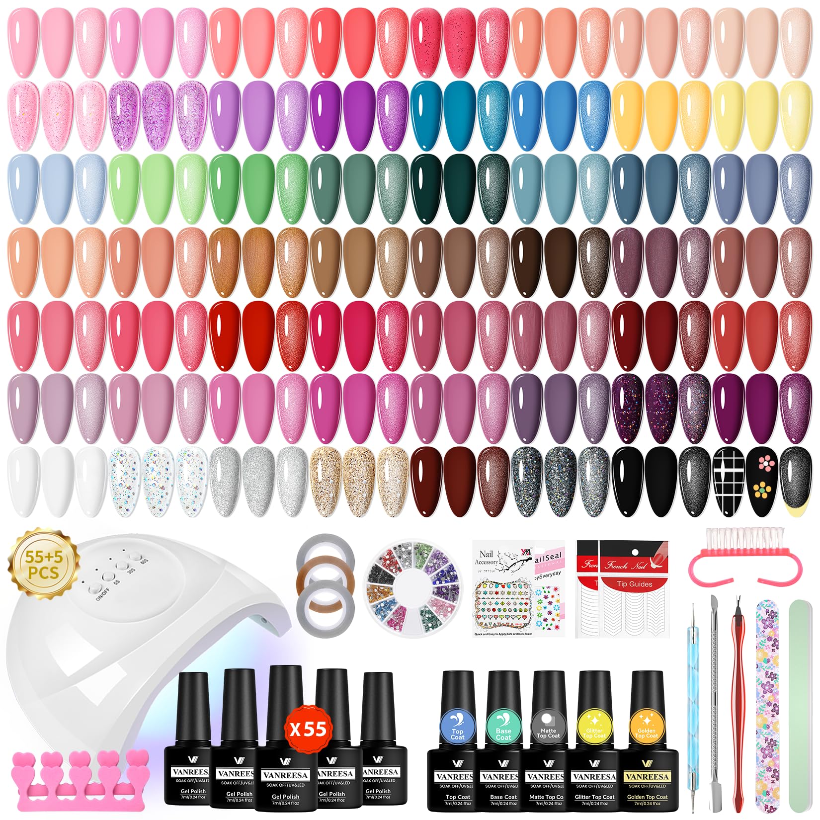 VANREESA Gel Nägel Set, 55 Farben U V Nagellack Set mit 48W U V/ LED Nagellampe Braun Lila Blau Grün Gelnägel Starterset Maniküre Starter Set Nägel Selber Machen Set Geschenk für Frauen