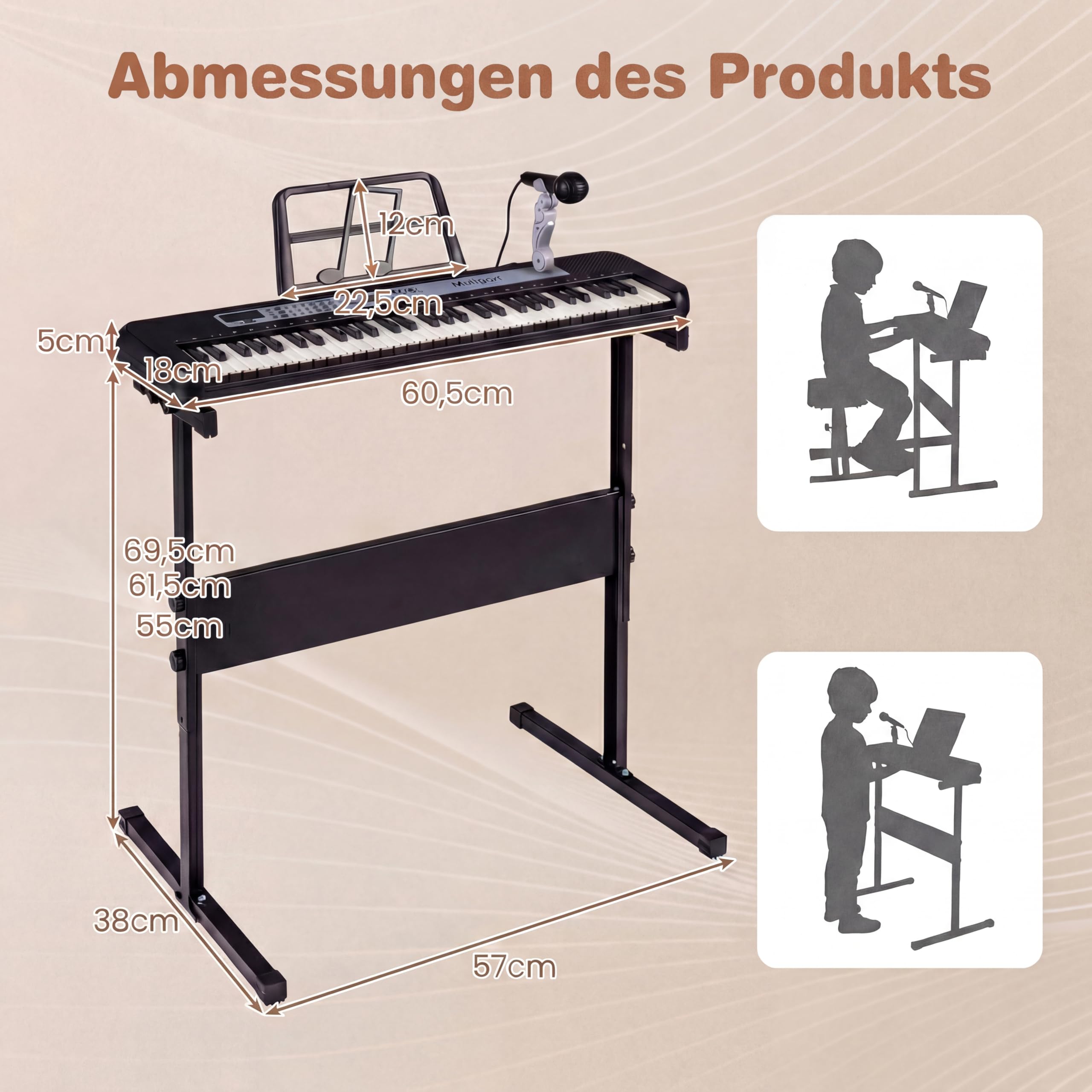COSTWAY Keyboard dziecięcy z 61 klawiszami, elektroniczne pianino dziecięce z regulowanym stojakiem, mikrofonem i stojakiem na nuty, pianino dziecięce z dźwiękami, demami i rytmami, dla dzieci od 3