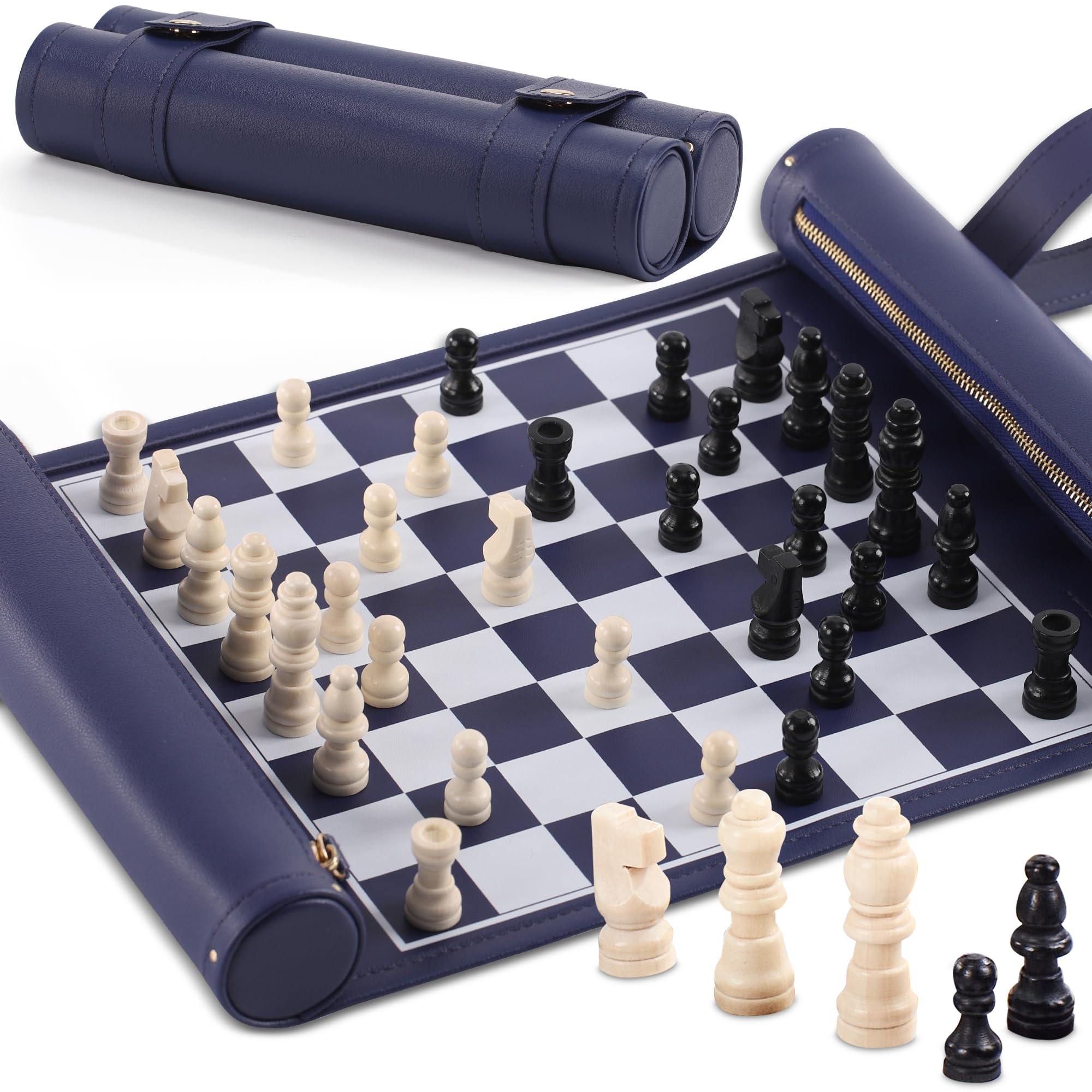 ThreeMoves Roll Up Chess Set - Foldable Leather Chess Mat with Chess Pieces - Portable Travel Chess Set with Straps - Perfect Chess Game for Airplane, Camping, and More (Blue)
