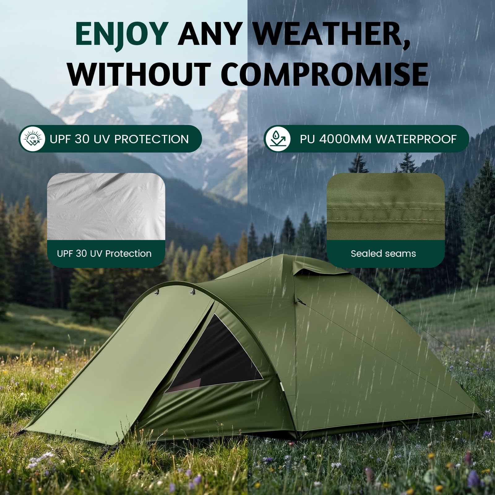 Tienda de campaña con vestíbulo para 4 Personas, 330 x 240 x 130 cm, Tienda Familiar PU4000 Impermeable, protección UV, Ultraligera Doble Capas Tienda Campismo Plegable Familia Cúpula Carpa