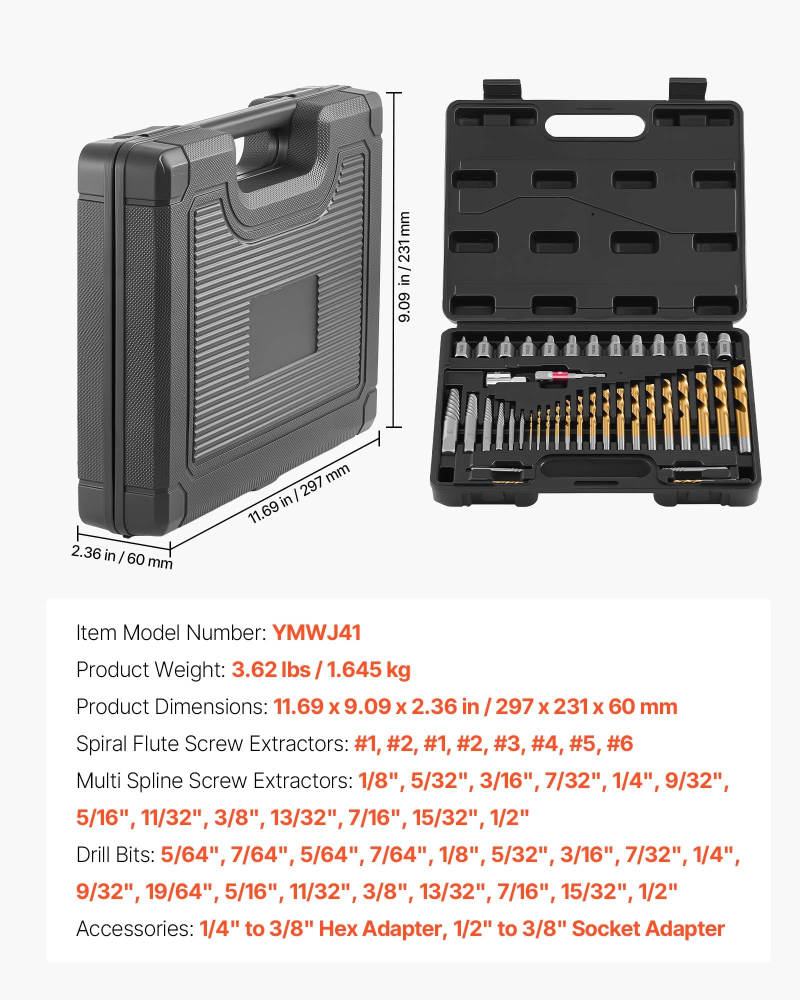 VEVOR Kit Extracteur de Vis Cassée avec Forets 41PCs, Outils d'Extraction de Vis Dénudée et de Goujon, pour Retrait des Boulons Réparation Domicile Atelier, en Acier Cr-Mo, avec Adaptateurs et Coffret