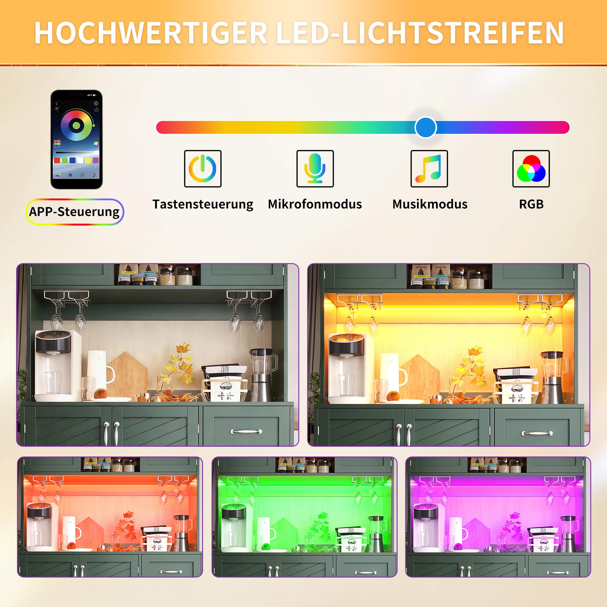 Küchenschrank Hochschrank mit Arbeitsplatte und LED-Licht, Küchenbuffet Buffetschrank mit Getränkehaltern und 4 Türen, Highboard Schrank mit Schubladen und Snackregal, Grün, 120x40x188 cm