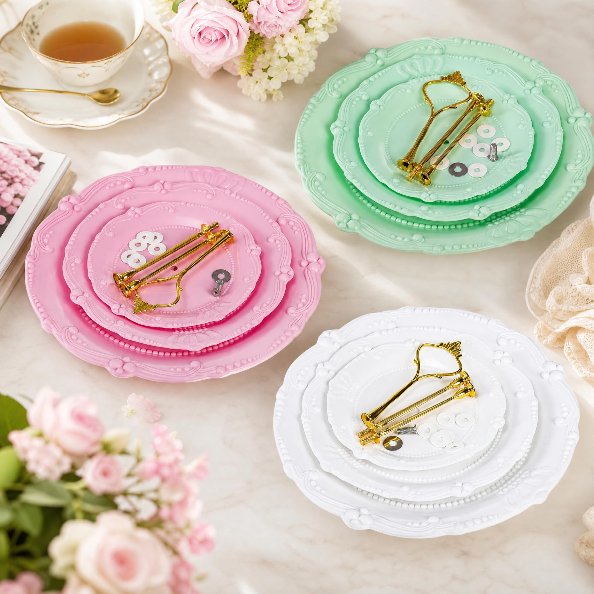 Fasmov 3-poziomowy plastikowy stojak na babeczki, talerze deserowe, ciasto, owoce, cukierki, wieża ekspozycyjna, wielokrotnego użytku, na ślub, urodziny, baby shower, herbatę, dekoracje imprezowe,