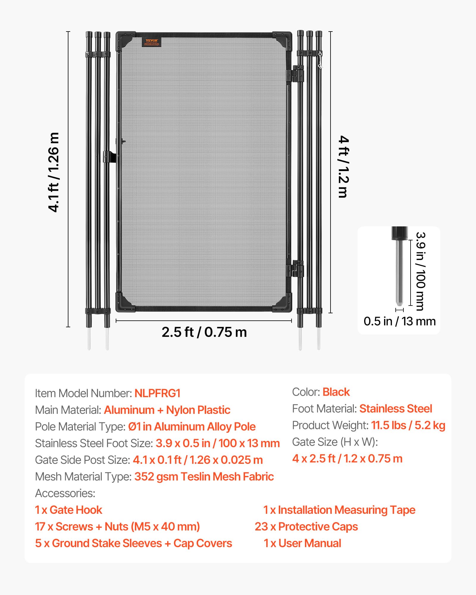 VEVOR Portillon de Barrière Piscine Amovible 1,2x0,75 m, Portillon de Sécurité pour Piscine Enterrée et Clôture Extérieure, Kit avec Loquet Métallique, Maille Teslin PVC 352 g/m², Tube Rond, Noir