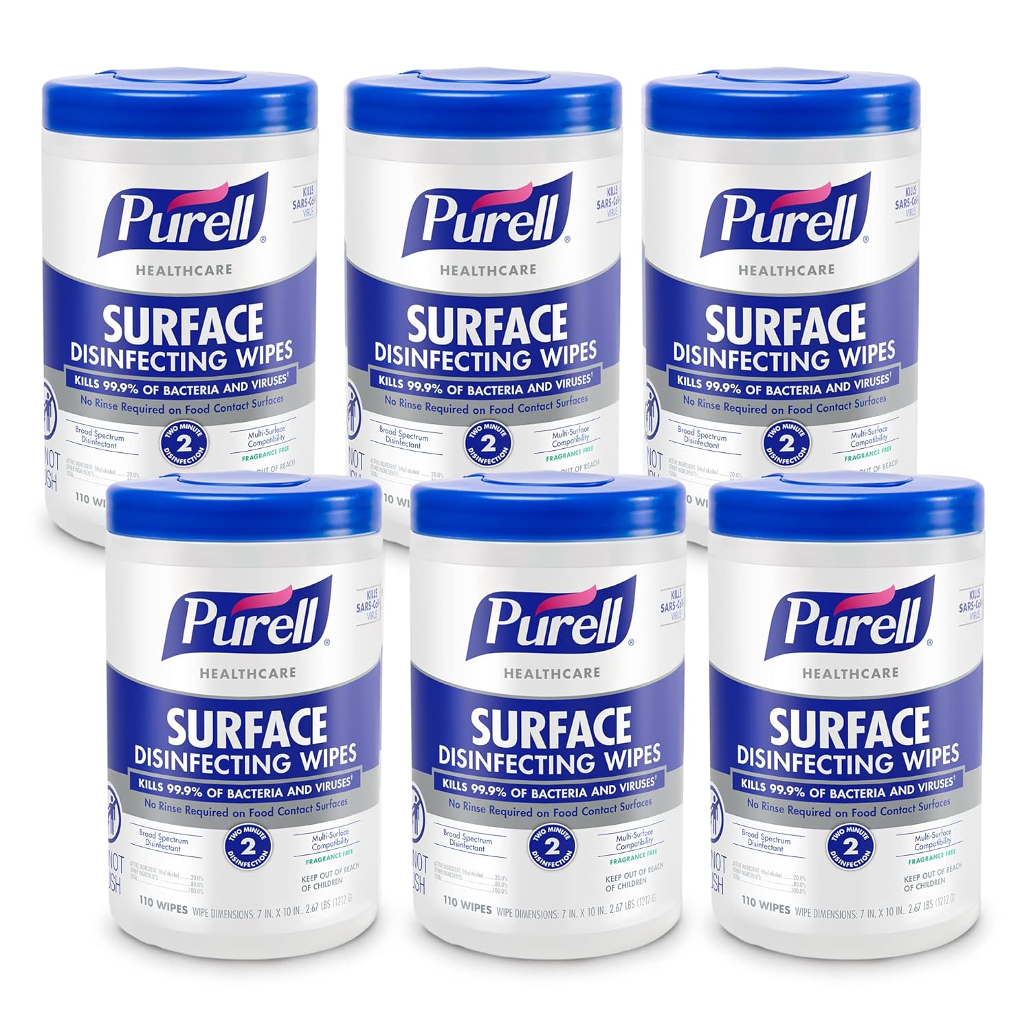 PURELL Healthcare Surface Disinfecting Wipes, 110 Count Canister, 7”x 10” Wipes (Pack of 6) – 9340-06