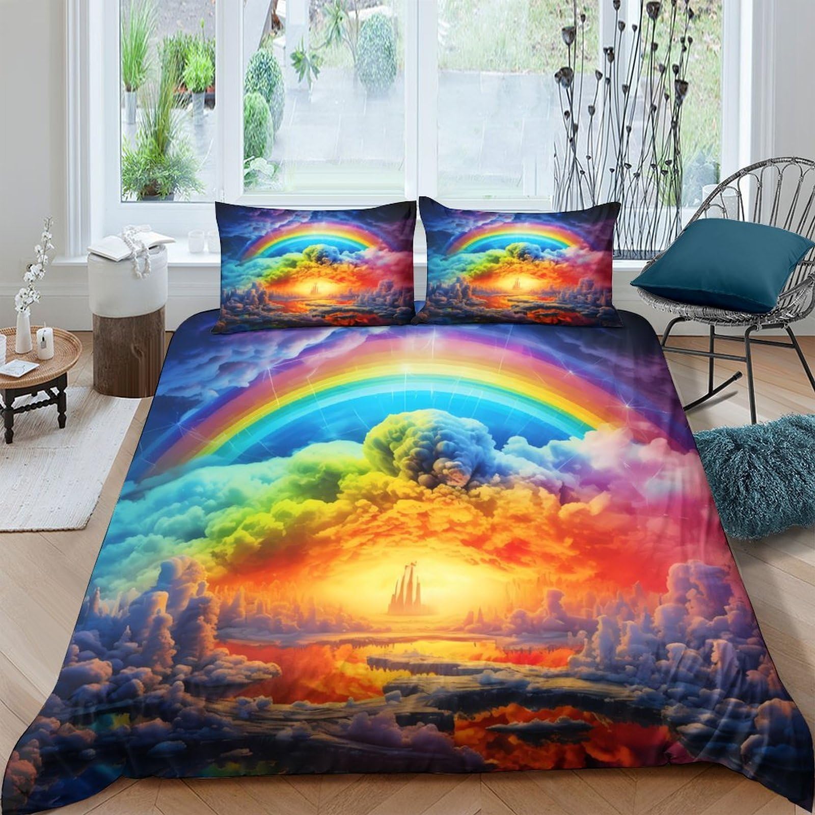 Ctjqhvkz Style-8 3D Printed Rainbow Sunset Fitted Sheet Microfiber Soft Colorful Sky Mattress Cover Bedroom Easy Care Single（135X200cm）