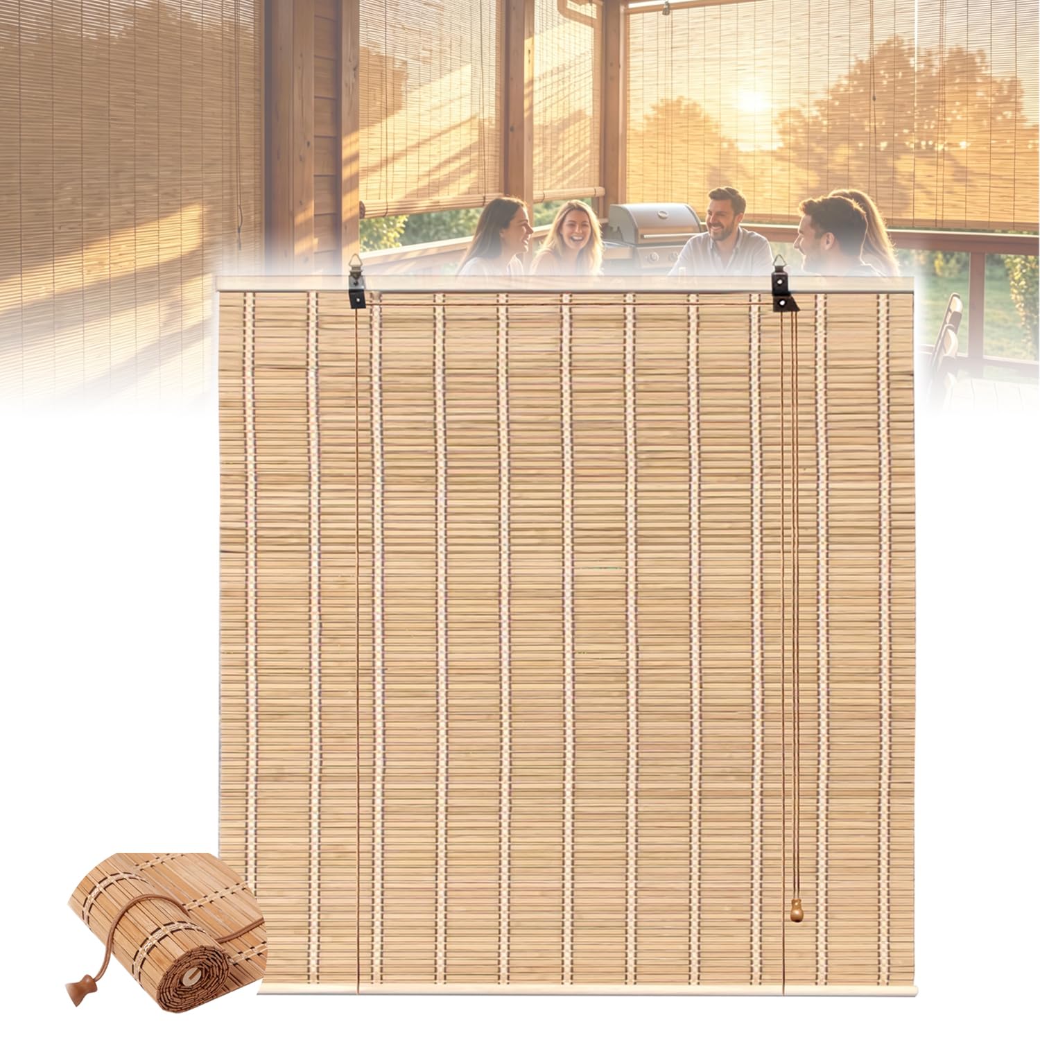 bamboo shades for outdoor patio, custom bamboo blinds for indoor windows, natural woven wood window blinds, light-filtering & privacy protection roll up shades,easy to install