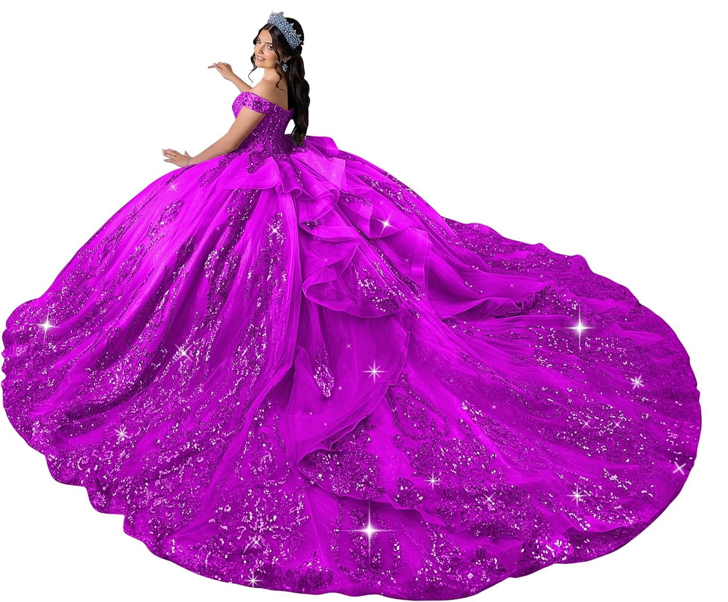 XYAYE Off Shoulder Tiered Quinceanera Dresses Lace Sequin Layered Tulle Sweet 16 Dresses Puffy Beaded Long Ball Gown
