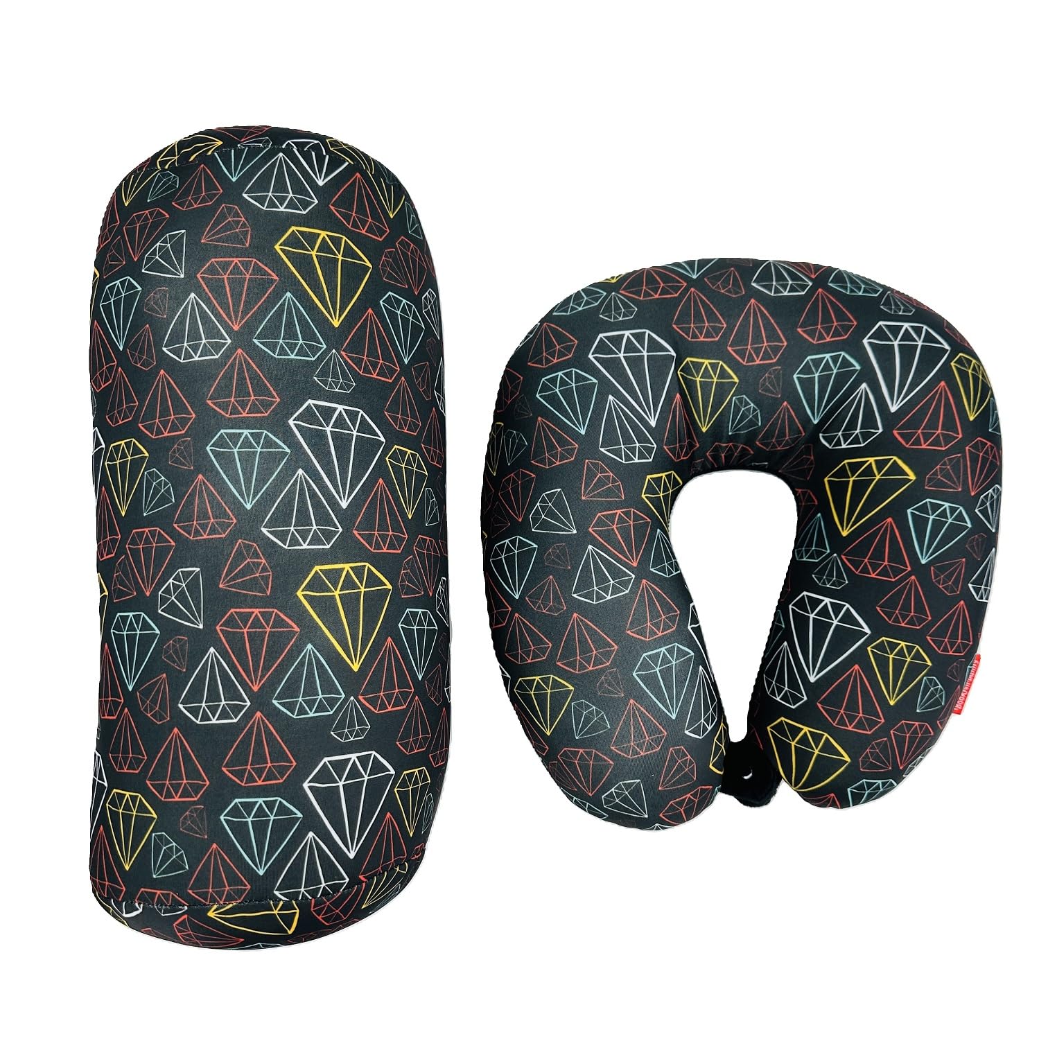 Bookishbunny 2pcs Micro Bead Set U Shaped Neck Travel Pillow 12" x 12" x 4" and Roll Back Pillow Cushion 13" x 7", Various Designs (Diamond)