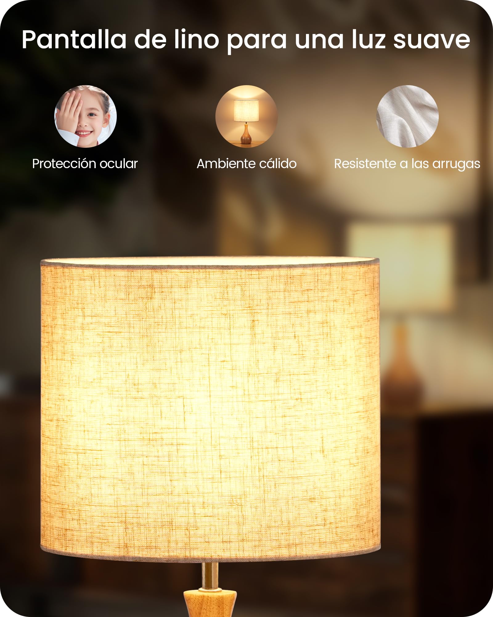 Lámpara de Mesita de Noche de Madera Beige Juego de 2 | Maciza con Base en Forma de Botella, Pantalla de Lino, Incluye una Bombilla LED 2700K, para Sala de Estar, Dormitorio