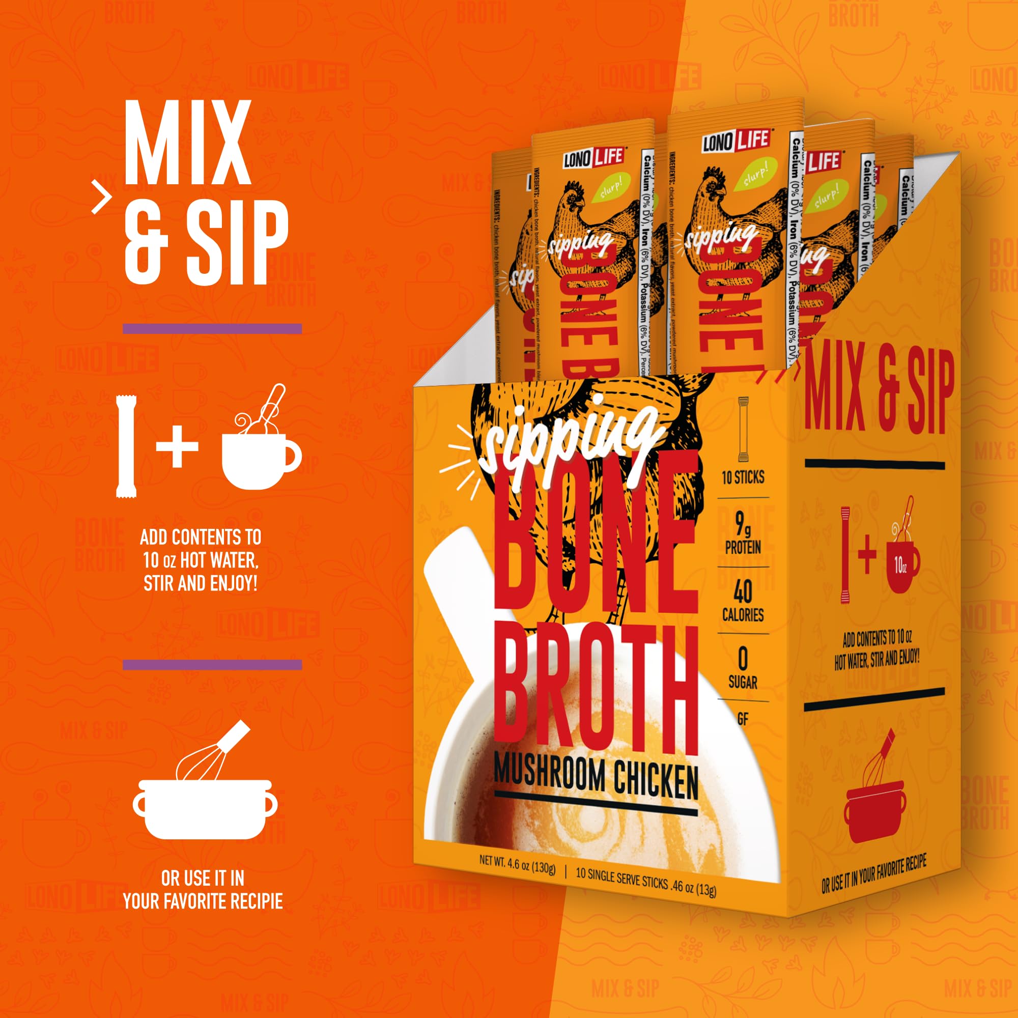 LonoLife Mushroom Chicken Bone Broth Powder Mix | 10g Protein | Collagen-Rich, Keto & Paleo Friendly | Natural Ingredients | 4 Portable Stick Pack Servings