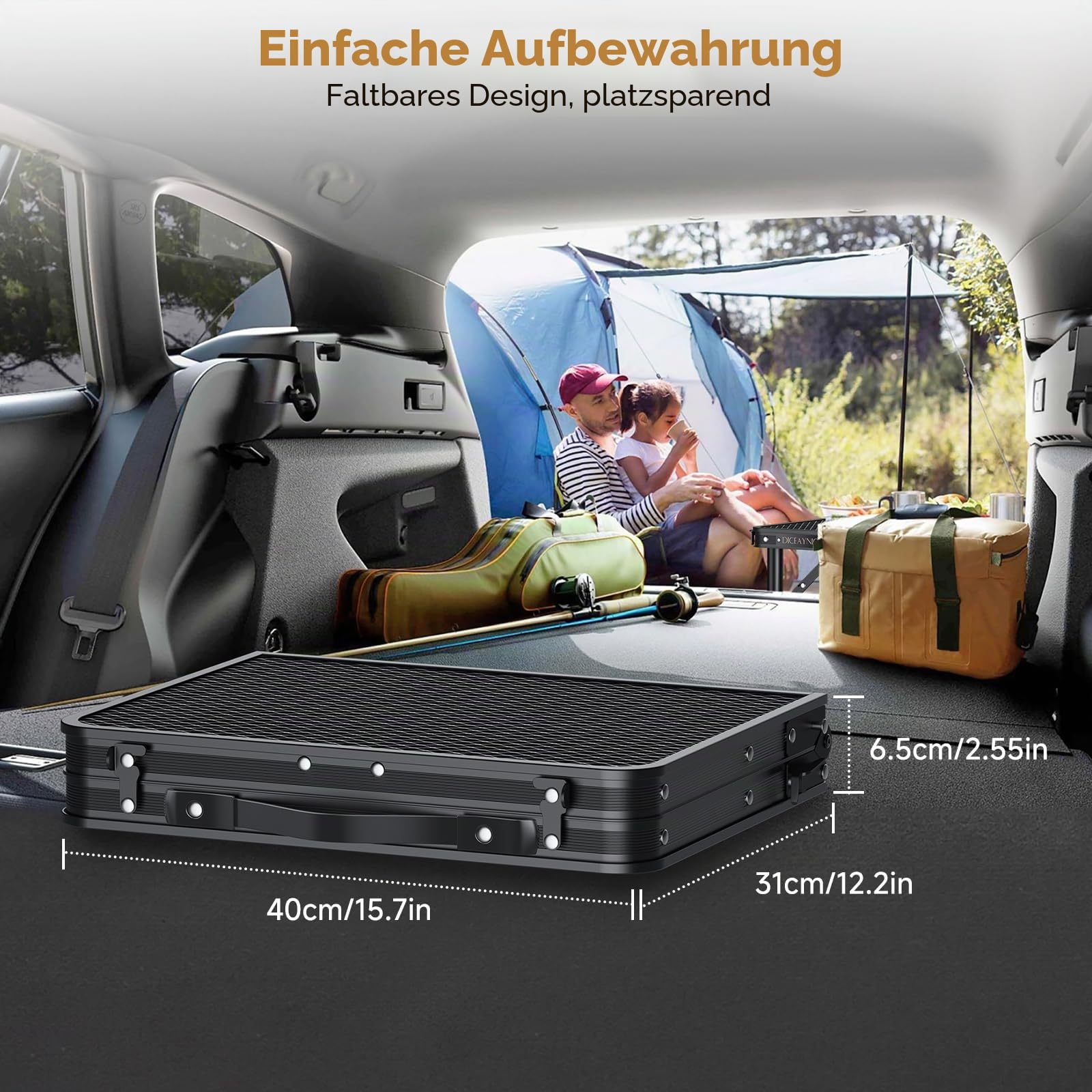 Klappbarer Grilltisch 56 x 38 x 70cm, 3-Fach Höhenverstellbar | Bis 70 cm Höhe, Aluminium mit Gitterplatte, Tragegriff, für Grillen, Camping, Garten, Terrasse, Picknick und Markt