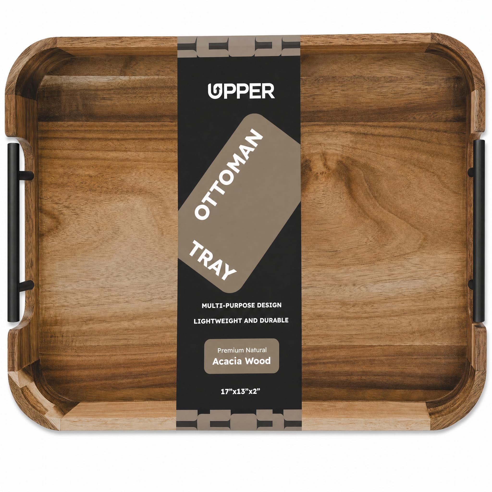Upper Acacia Wood Ottoman Tray 17x13 Inches with Handles, Decorative Serving Tray for Coffee Table, Breakfast Tray with Anti-Skid Pads (Black Handle 01)