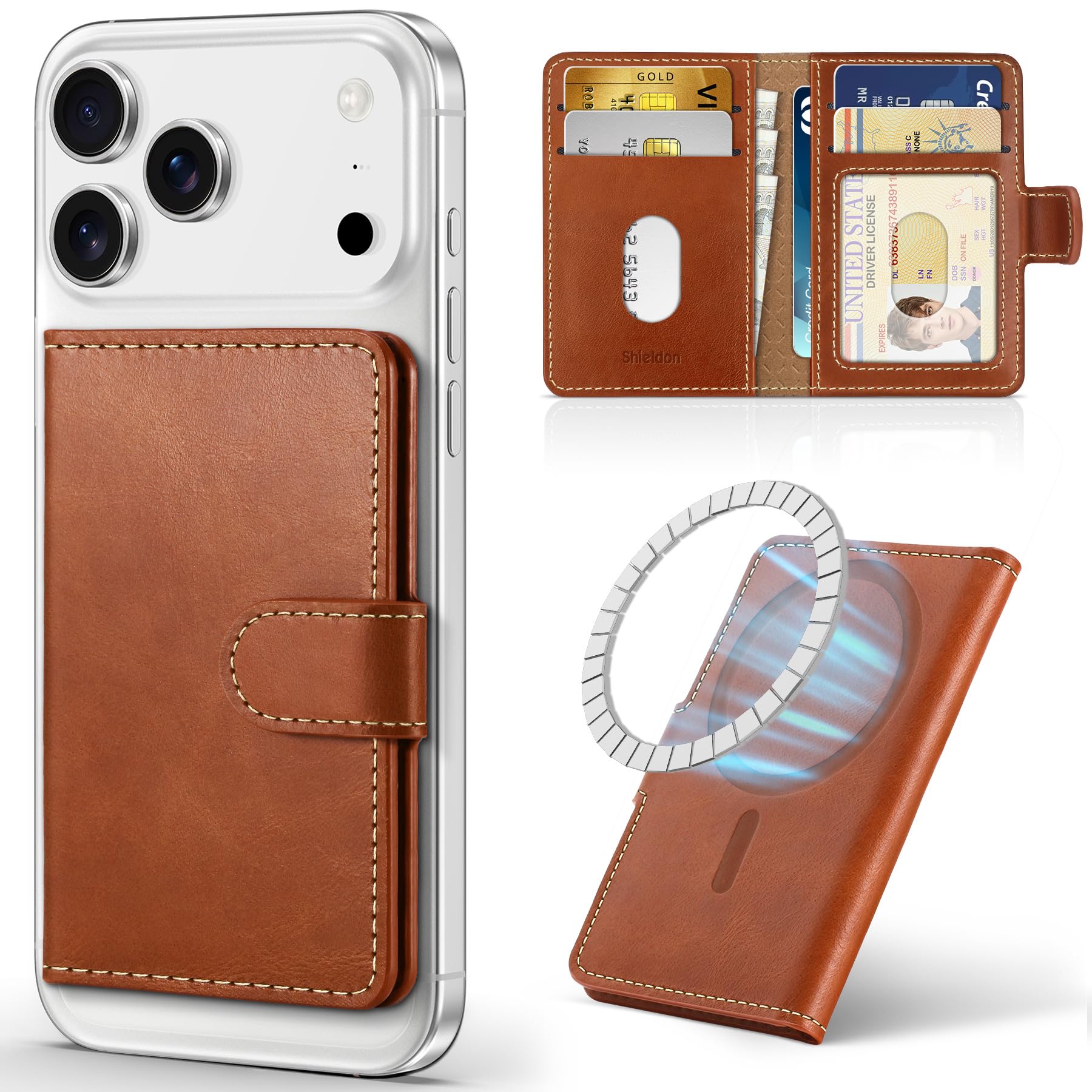 SHIELDON Genuine Leather Strong Magnetic Wallet for Magsafe - RFID Blocking, 6 Card Holders ID Window, Minimalist Mag Wallet Compatible with iPhone 17/16/15/14/13/12 Series & Magnetic Case - Navy Blue