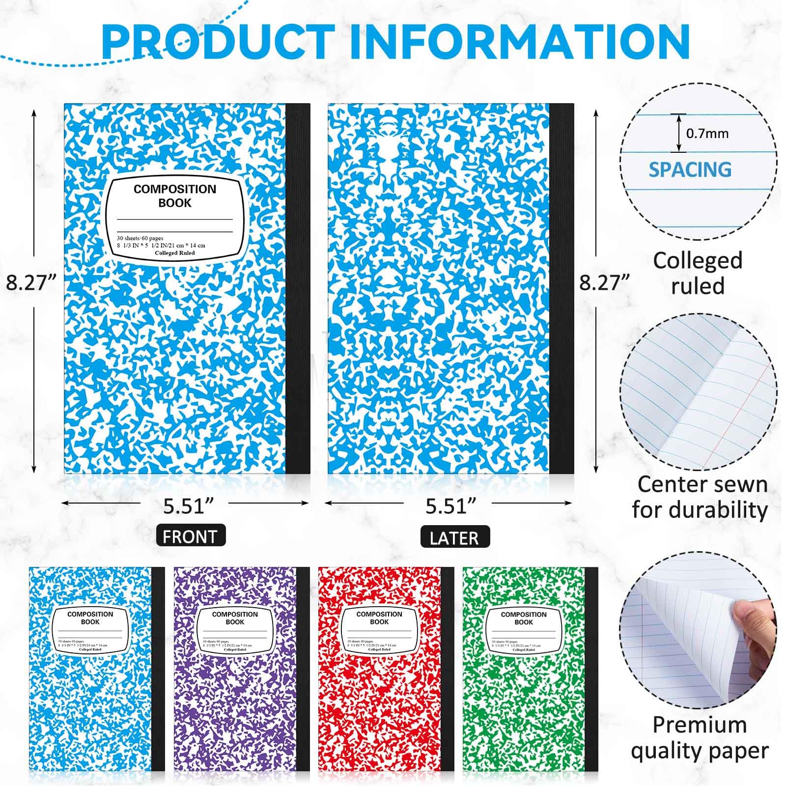 Gersoniel Lot de 12 petits carnets de composition pour gauchers A5 - Motif marbre - 21,1 x 14,8 cm - Journal pour gauchers écrivains étudiants - Cadeau d'écriture - 60 pages (couleurs vives)