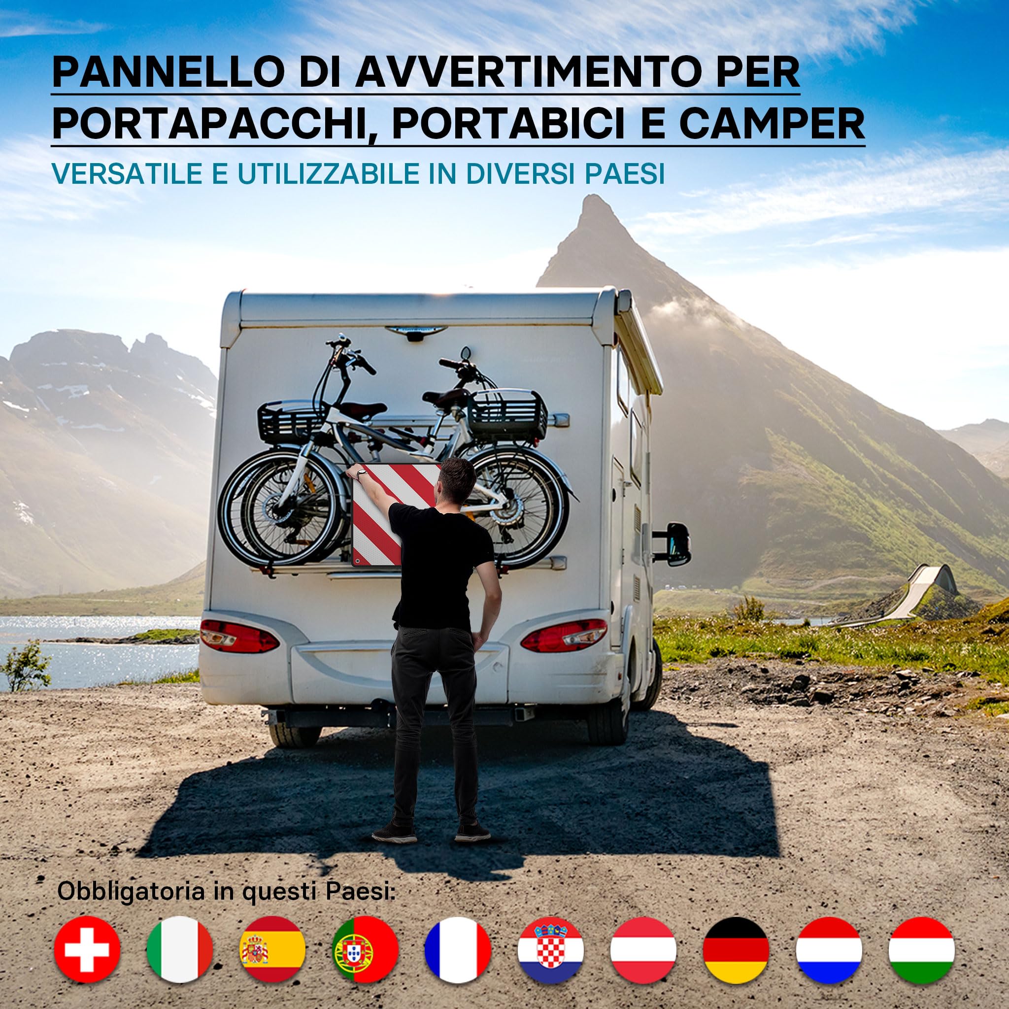 Wiltec Pannello per carichi sporgenti Italia e Spagna, alluminio 50x50cm, per portapacchi posteriore